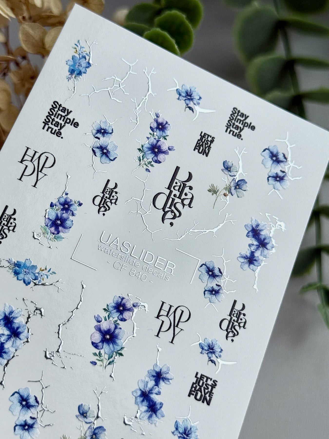 Floral Nail Decals — Blue Flowers, Cracked Branches & Text | CF - 840 - UASLIDER
