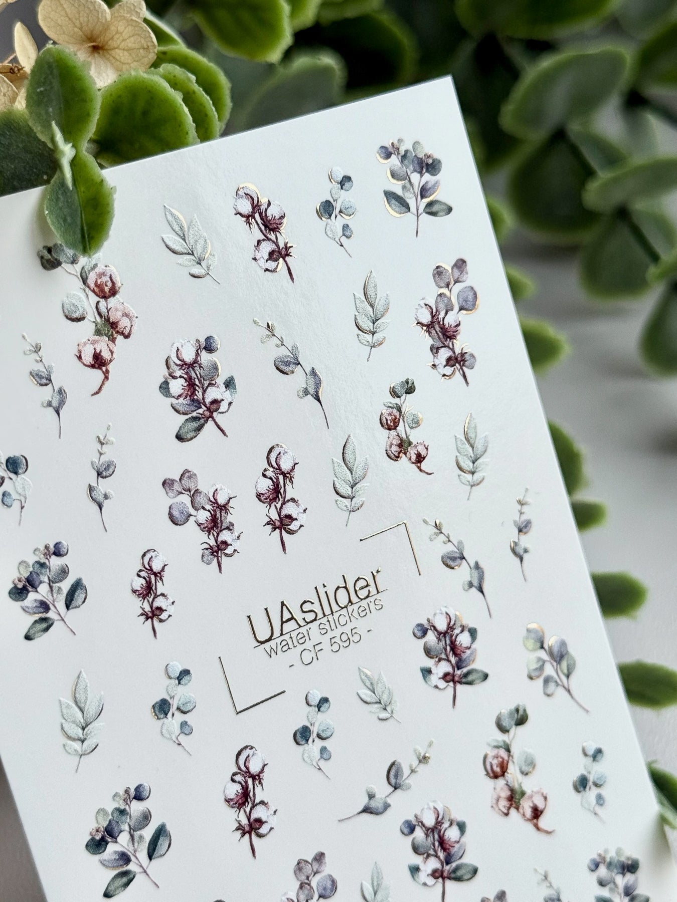 Floral Nail Decals — Cotton & Eucalyptus with Gold Foil | CF - 595 - UASLIDER