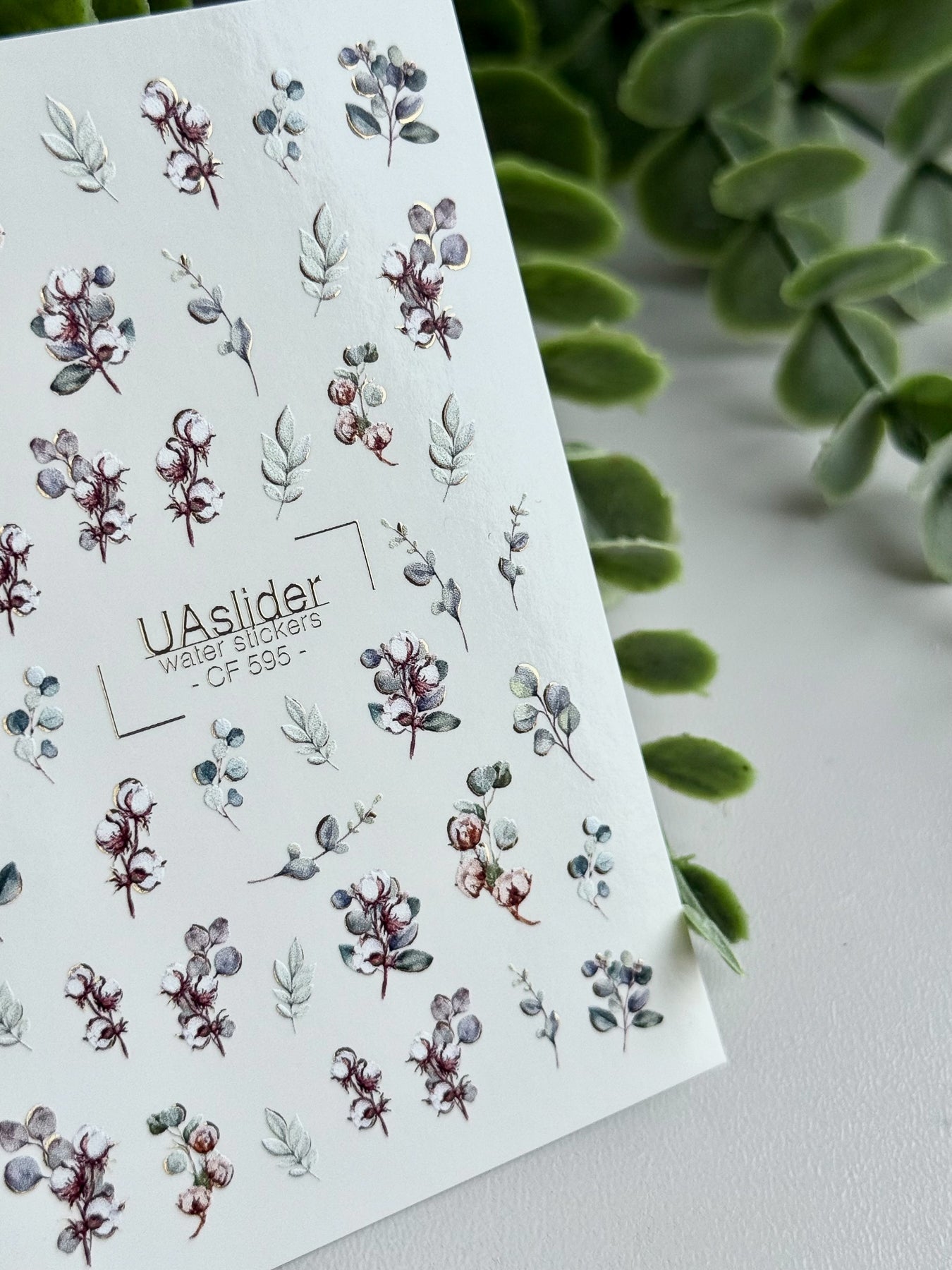 Floral Nail Decals — Cotton & Eucalyptus with Gold Foil | CF - 595 - UASLIDER