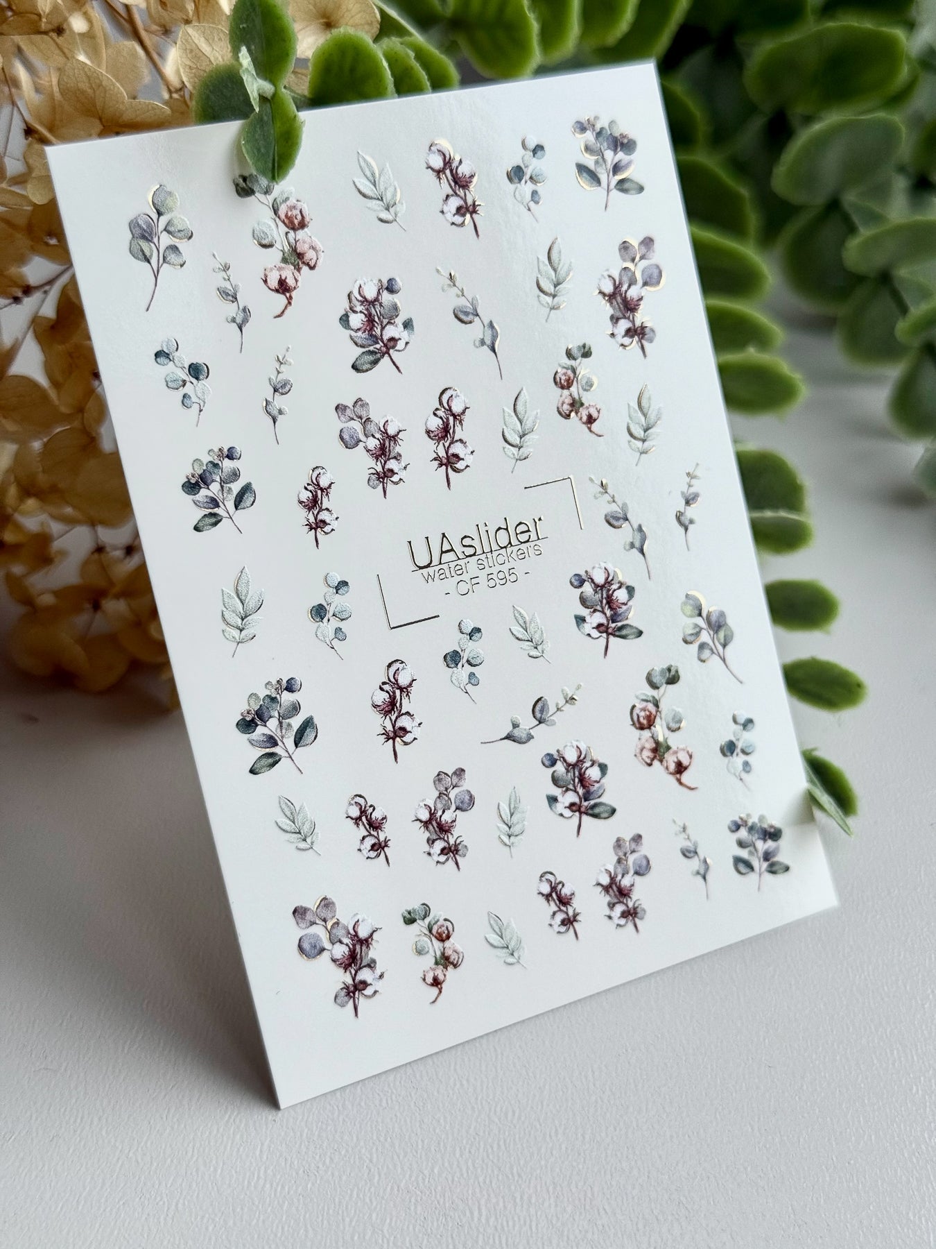 Floral Nail Decals — Cotton & Eucalyptus with Gold Foil | CF - 595 - UASLIDER