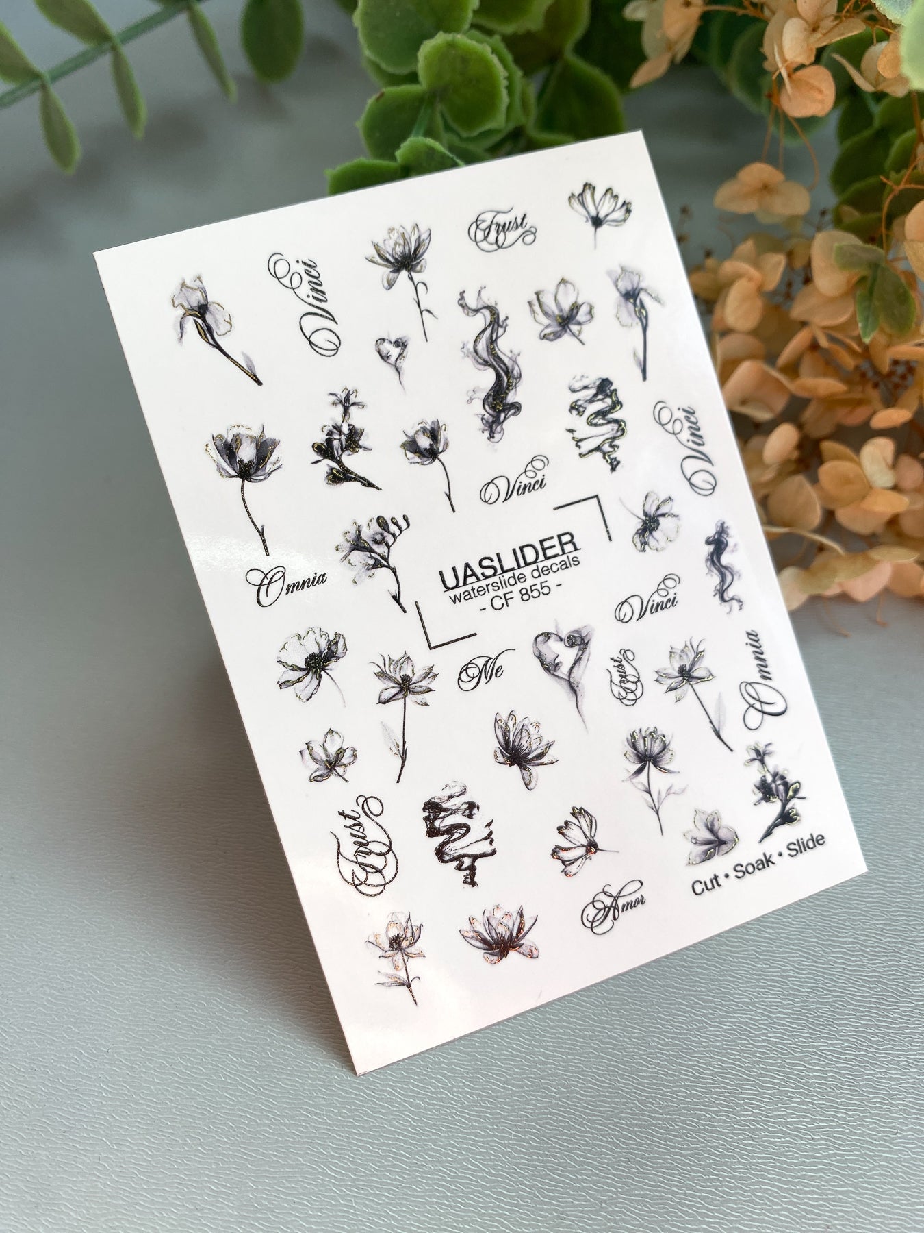Floral Nail Decals — Ink Sketch Flowers & Script Words | CF - 855 - UASLIDER