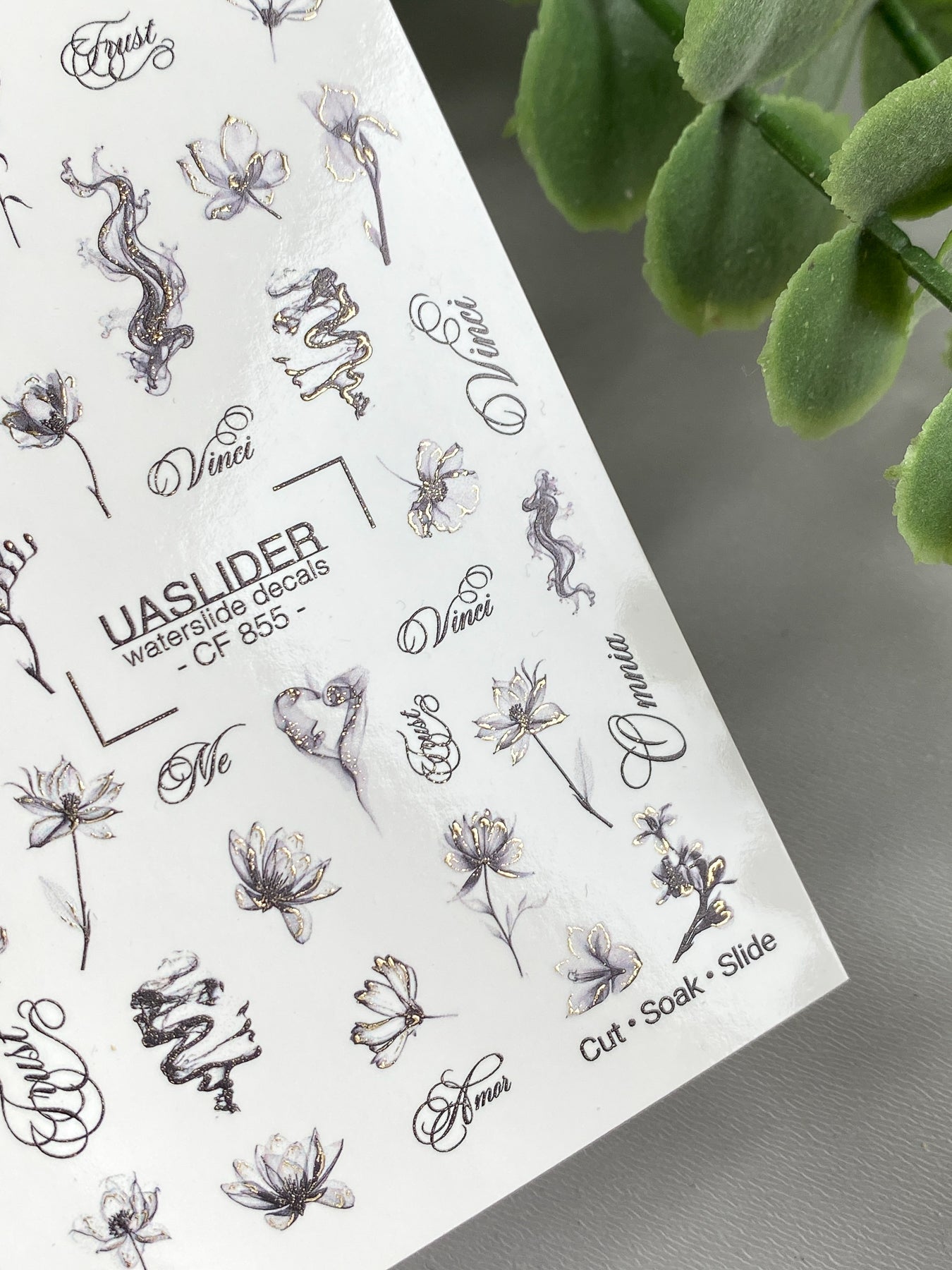 Floral Nail Decals — Ink Sketch Flowers & Script Words | CF - 855 - UASLIDER