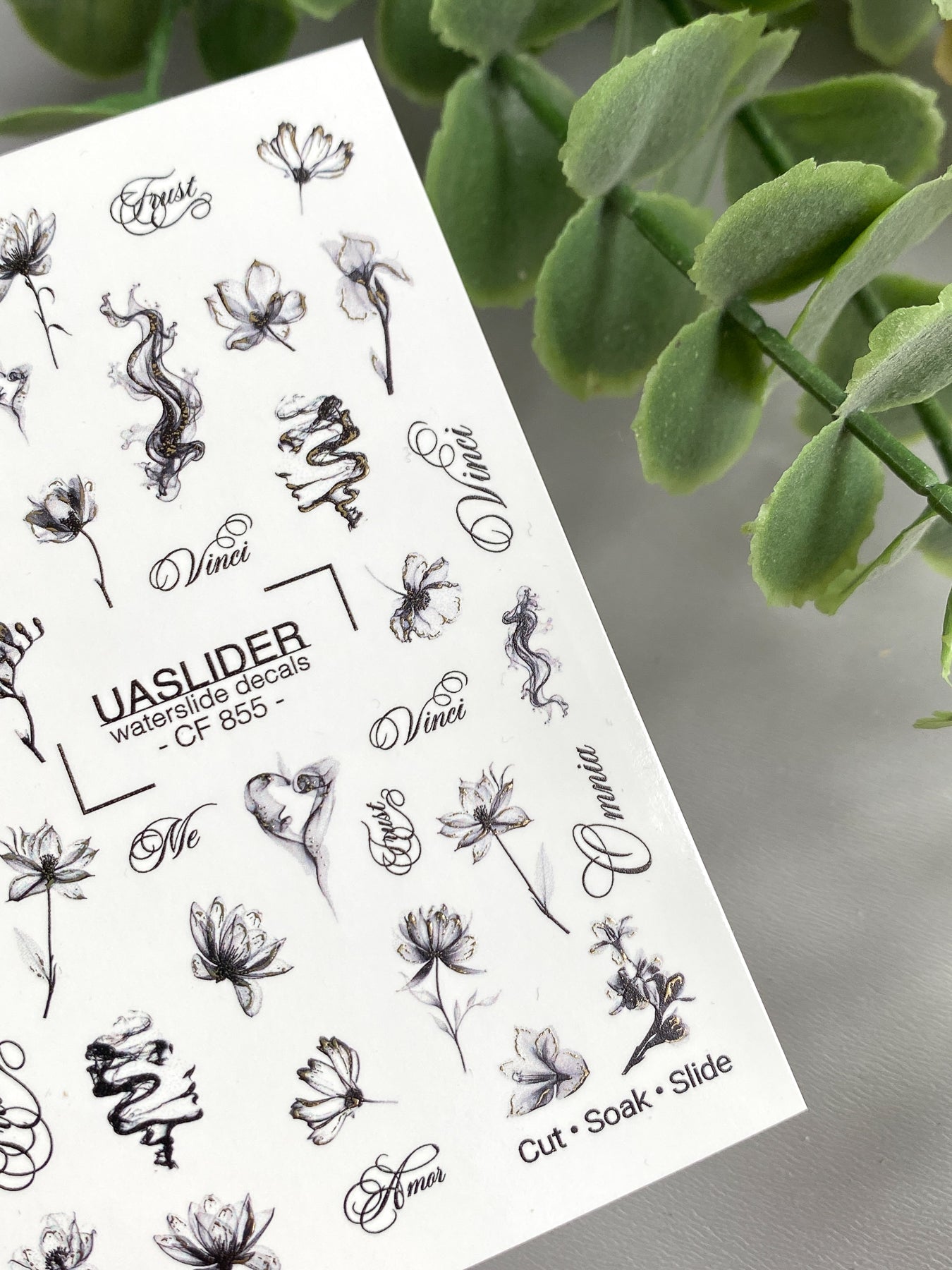 Floral Nail Decals — Ink Sketch Flowers & Script Words | CF - 855 - UASLIDER