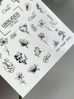 Floral Nail Decals — Ink Sketch Flowers & Script Words | CF - 855 - UASLIDER