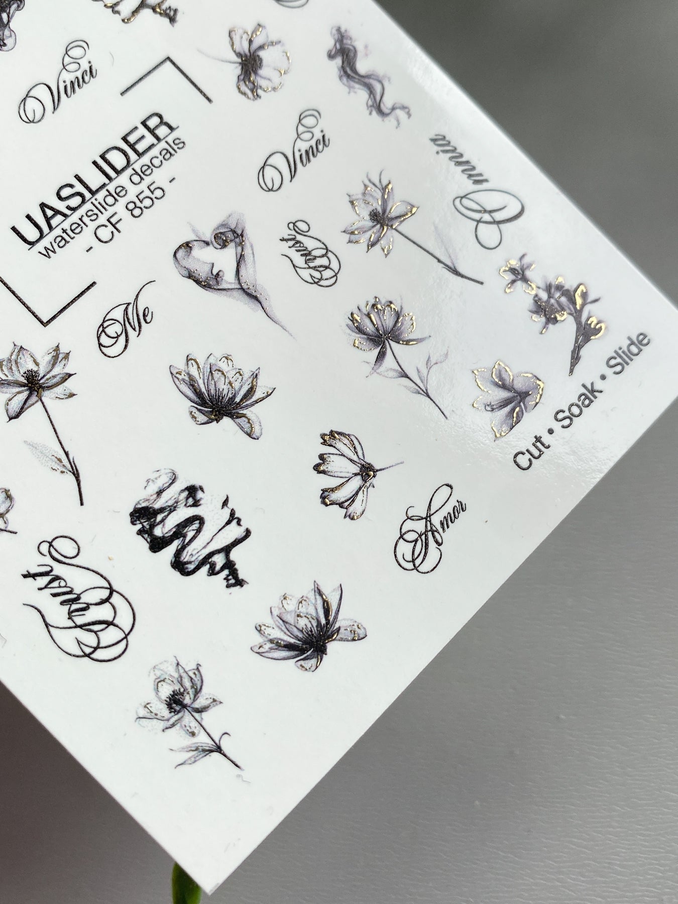 Floral Nail Decals — Ink Sketch Flowers & Script Words | CF - 855 - UASLIDER