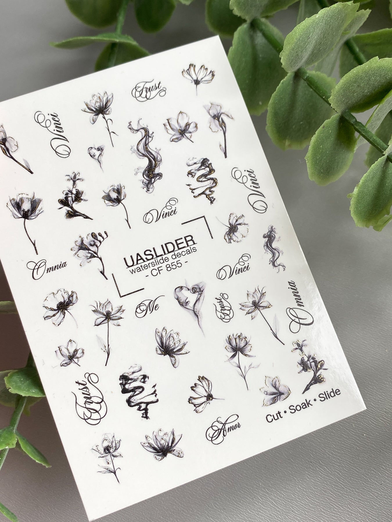 Floral Nail Decals — Ink Sketch Flowers & Script Words | CF - 855 - UASLIDER