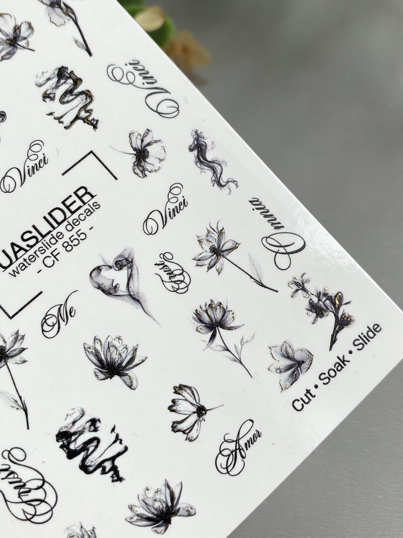 Floral Nail Decals — Ink Sketch Flowers & Script Words | CF - 855 - UASLIDER