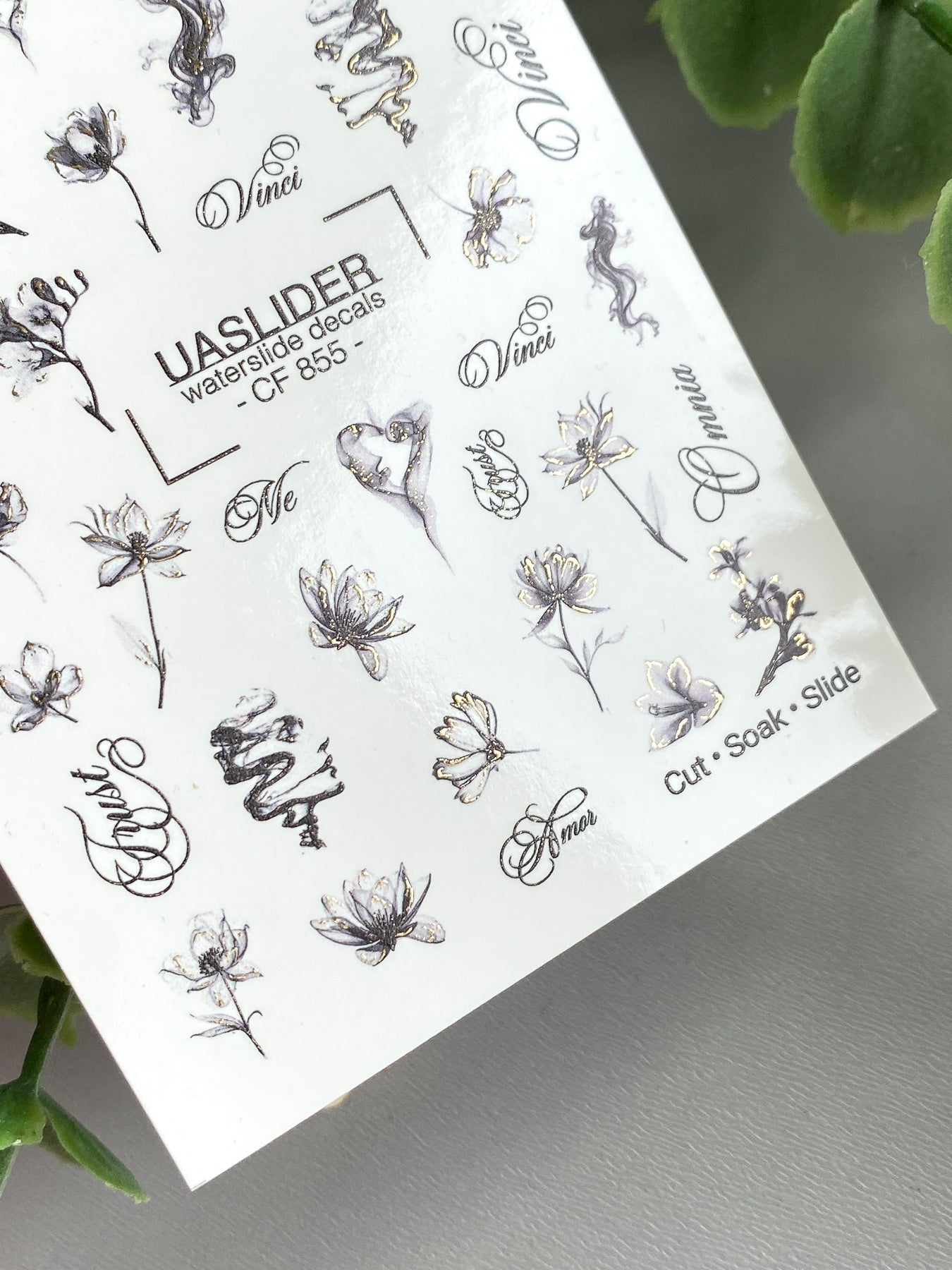 Floral Nail Decals — Ink Sketch Flowers & Script Words | CF - 855 - UASLIDER