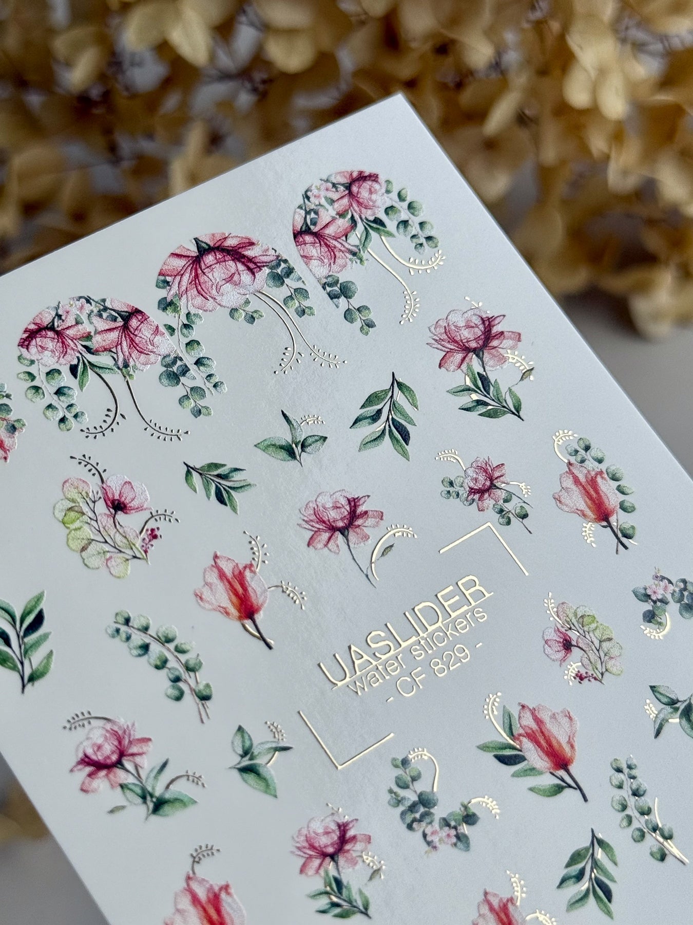 Floral Nail Decals — Pink Flowers, Eucalyptus & Gold Foil Sprigs | CF - 829 - UASLIDER