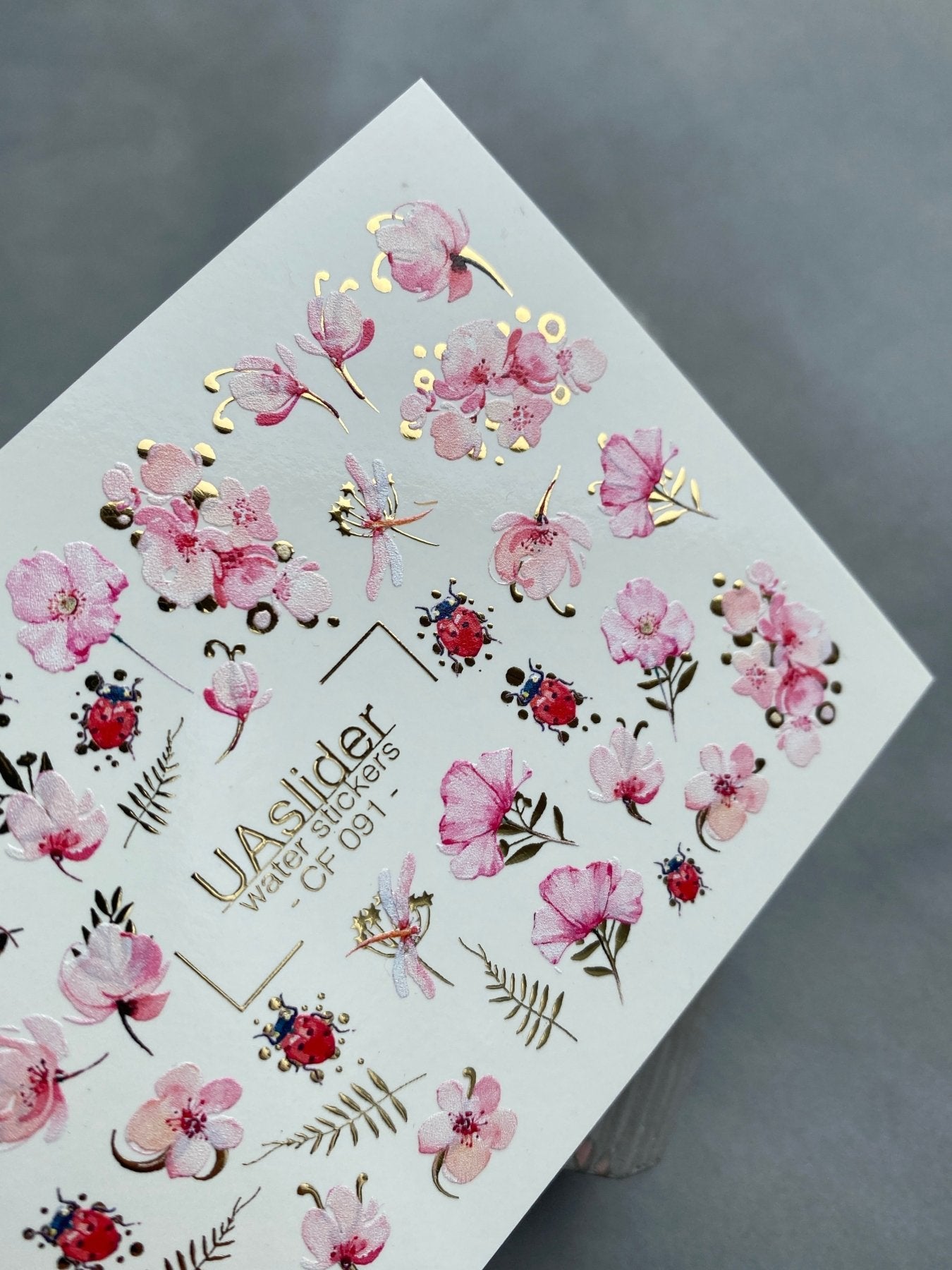 Floral Nail Decals — Pink Flowers, Ladybugs & Gold Foil | CF - 091 - UASLIDER