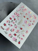 Floral Nail Decals — Pink Flowers, Ladybugs & Gold Foil | CF - 091 - UASLIDER
