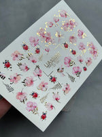Floral Nail Decals — Pink Flowers, Ladybugs & Gold Foil | CF - 091 - UASLIDER