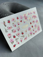 Floral Nail Decals — Pink Flowers, Ladybugs & Gold Foil | CF - 091 - UASLIDER