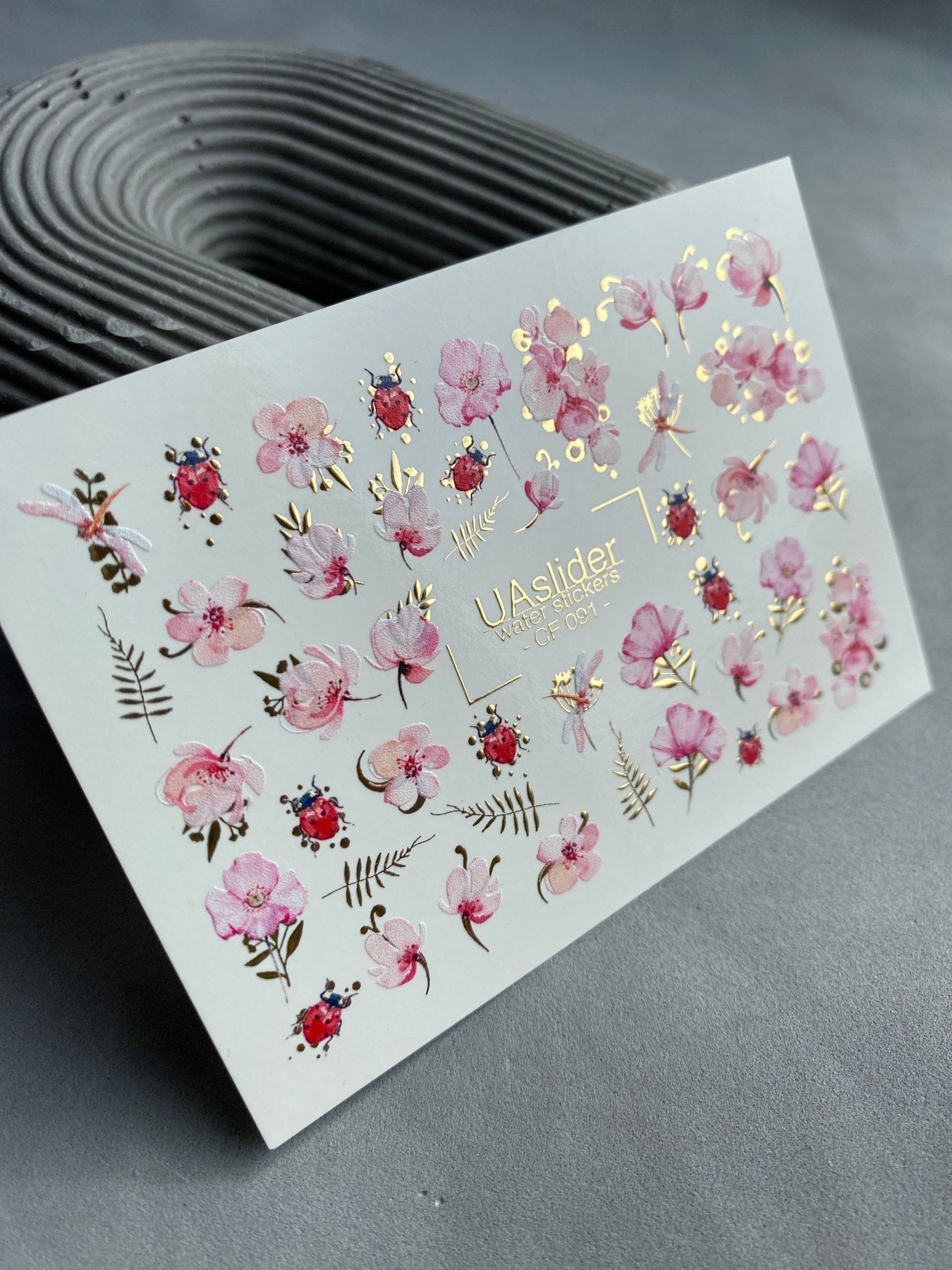 Floral Nail Decals — Pink Flowers, Ladybugs & Gold Foil | CF - 091 - UASLIDER