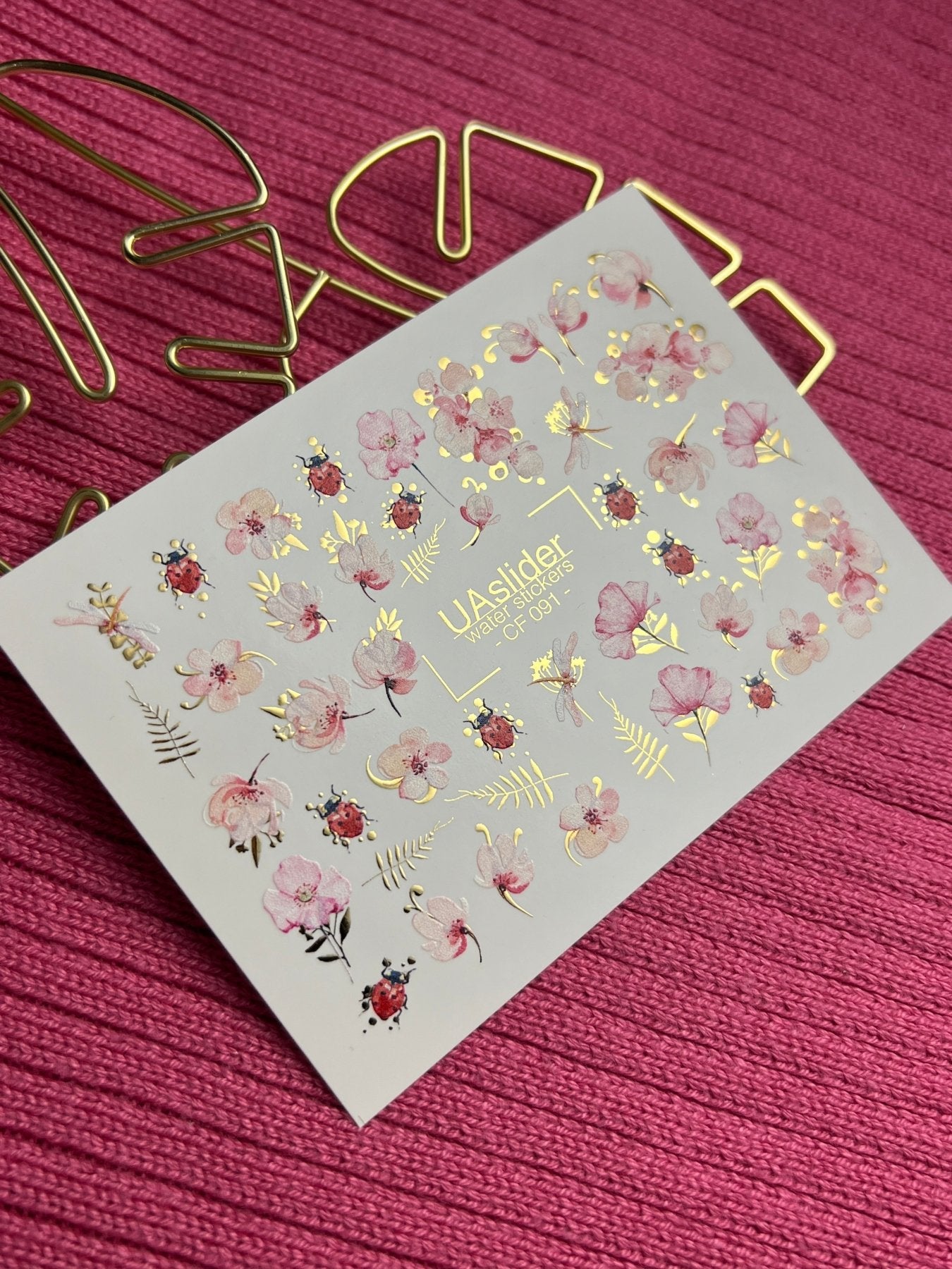 Floral Nail Decals — Pink Flowers, Ladybugs & Gold Foil | CF - 091 - UASLIDER