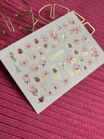 Floral Nail Decals — Pink Flowers, Ladybugs & Gold Foil | CF - 091 - UASLIDER