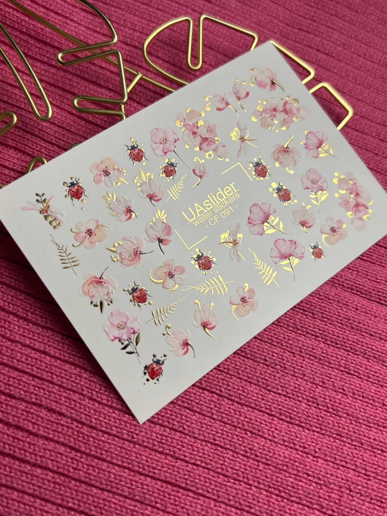 Floral Nail Decals — Pink Flowers, Ladybugs & Gold Foil | CF - 091 - UASLIDER
