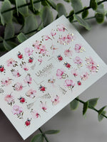 Floral Nail Decals — Pink Flowers, Ladybugs & Gold Foil | CF - 091 - UASLIDER