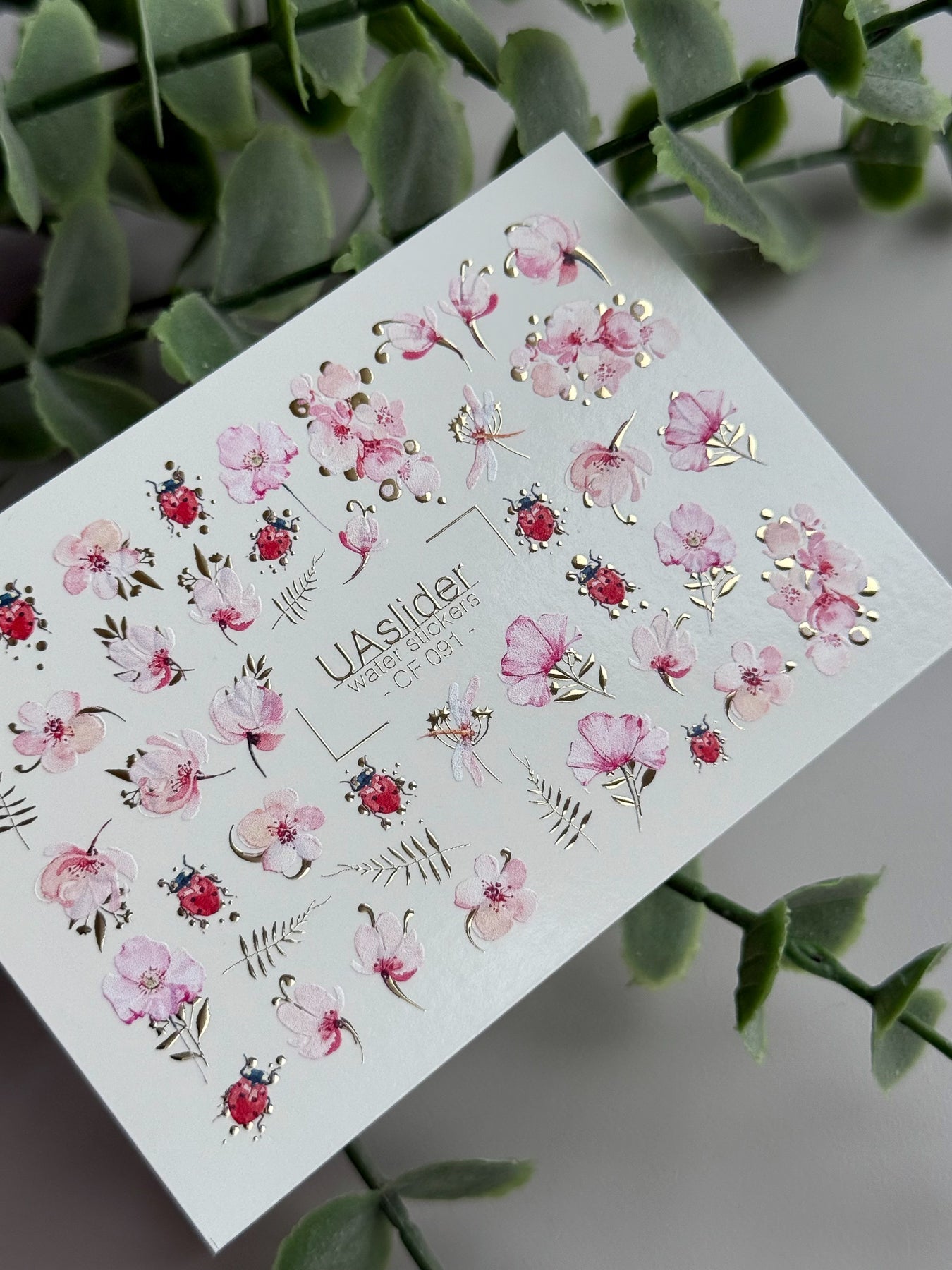 Floral Nail Decals — Pink Flowers, Ladybugs & Gold Foil | CF - 091 - UASLIDER