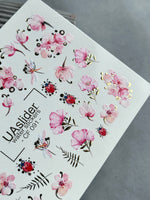 Floral Nail Decals — Pink Flowers, Ladybugs & Gold Foil | CF - 091 - UASLIDER