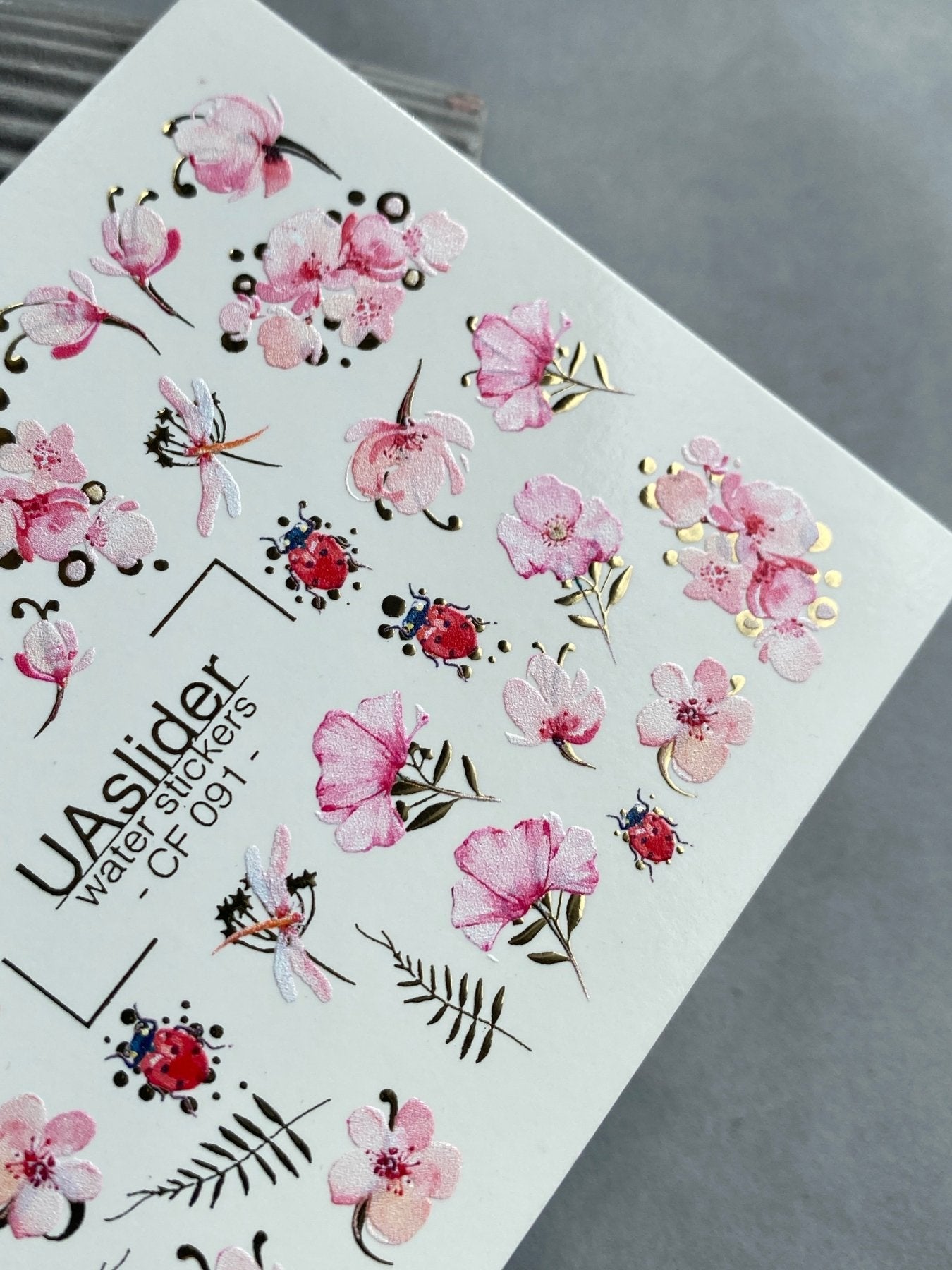 Floral Nail Decals — Pink Flowers, Ladybugs & Gold Foil | CF - 091 - UASLIDER