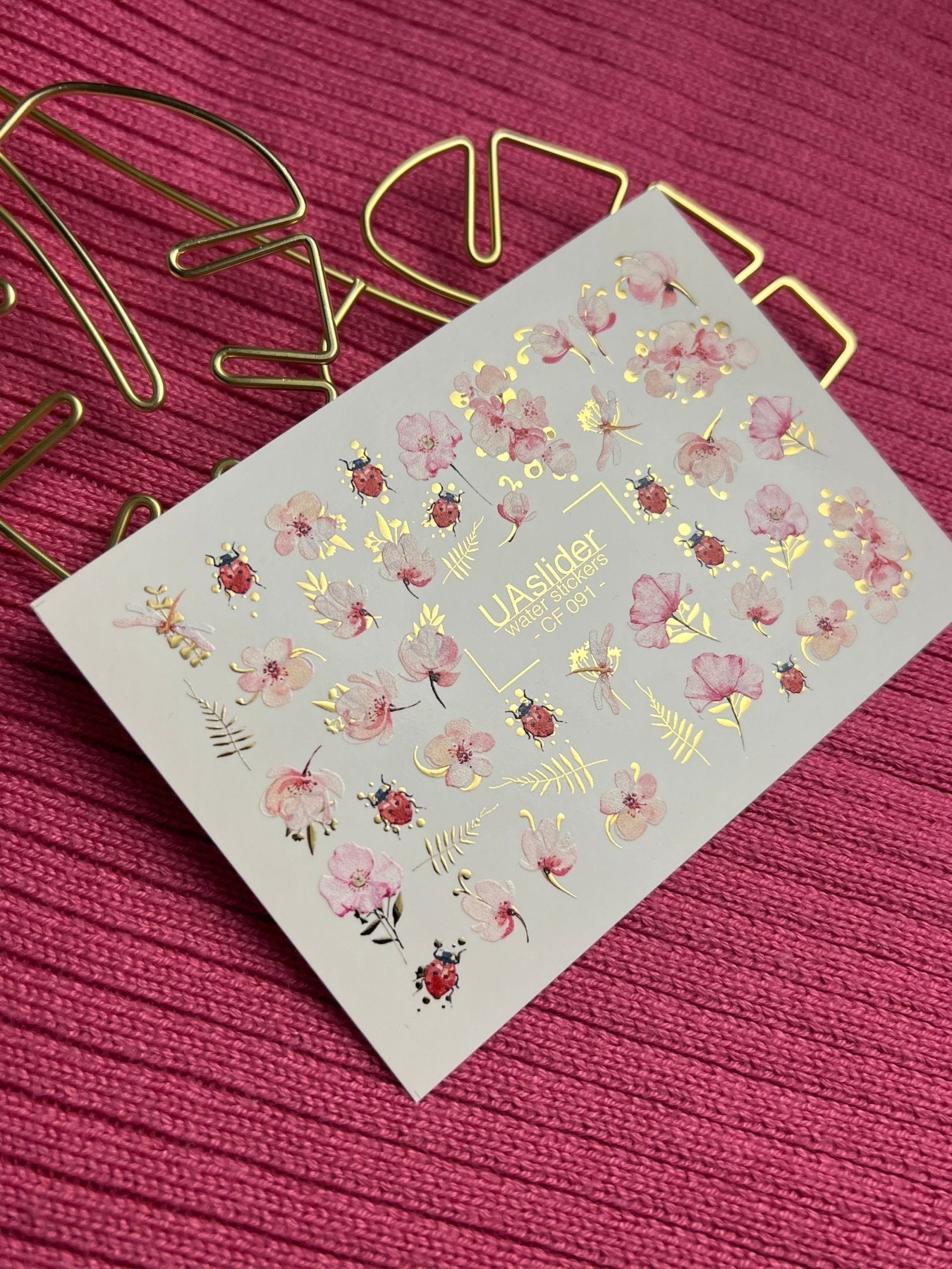 Floral Nail Decals — Pink Flowers, Ladybugs & Gold Foil | CF - 091 - UASLIDER