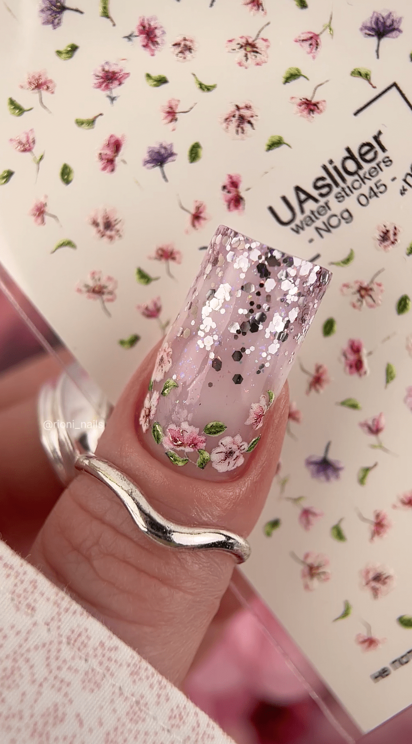 Floral Nail Decals — Pink Purple Wildflowers Gold Foil No Cut | NCg - 045 - UASLIDER
