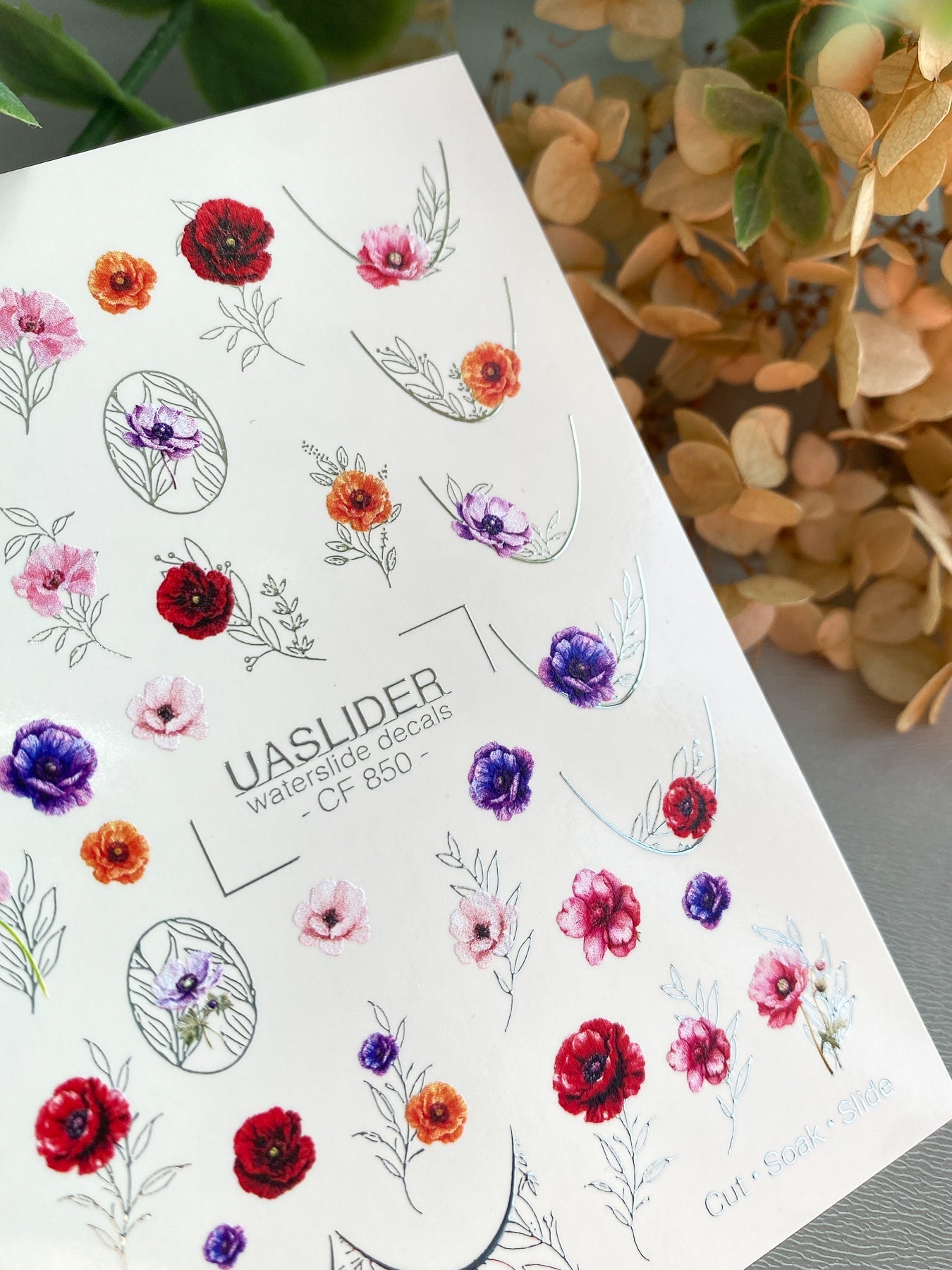 Floral Nail Decals — Poppies, Anemones & Silver Foil Botanicals | CF - 850 - UASLIDER