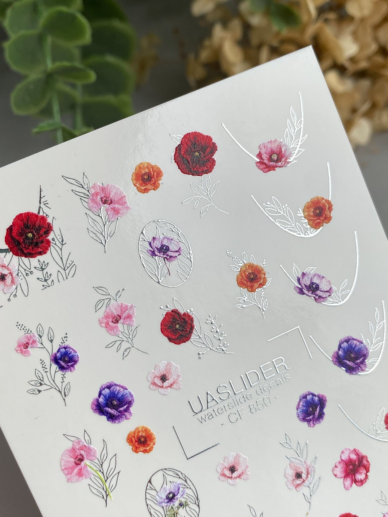 Floral Nail Decals — Poppies, Anemones & Silver Foil Botanicals | CF - 850 - UASLIDER