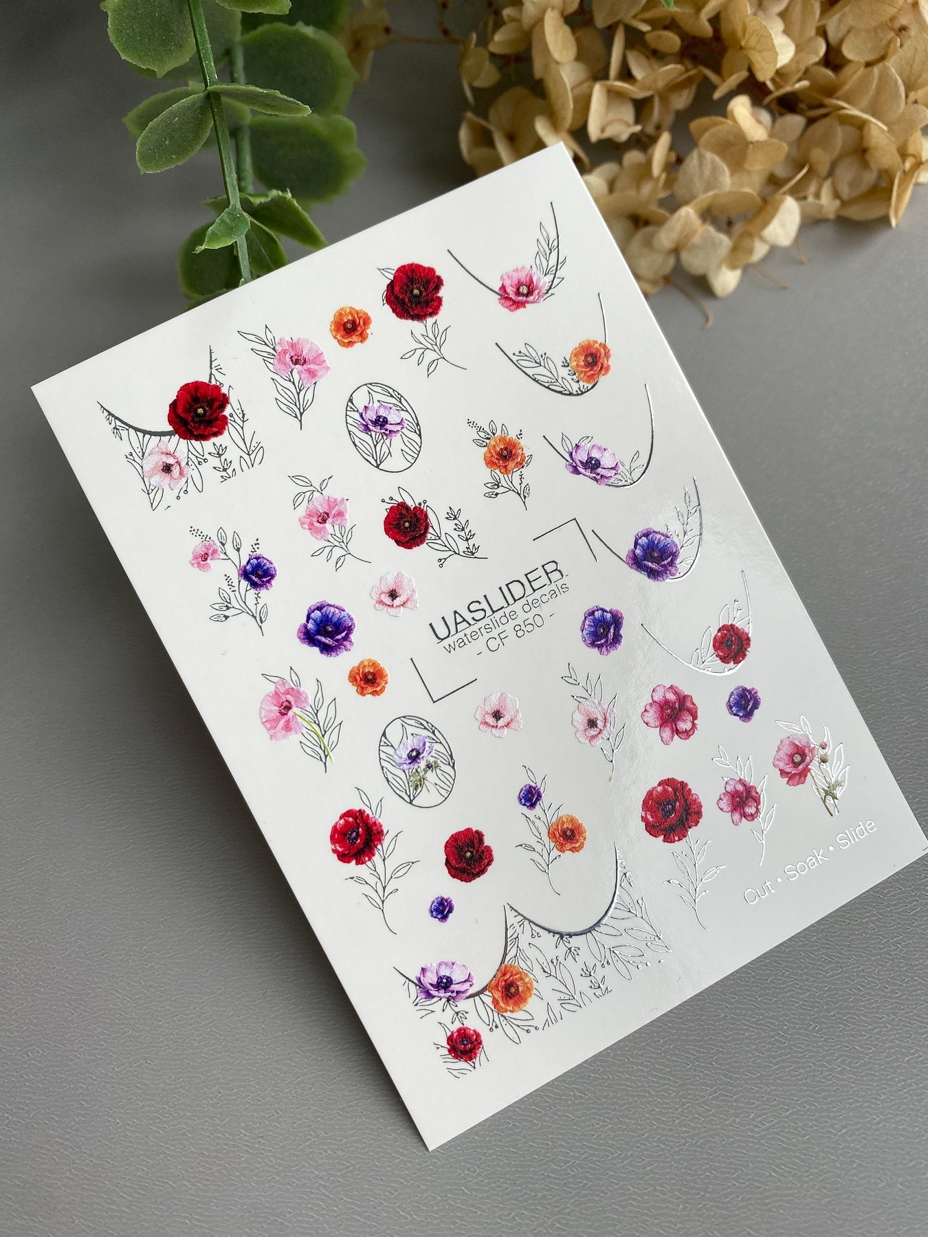 Floral Nail Decals — Poppies, Anemones & Silver Foil Botanicals | CF - 850 - UASLIDER