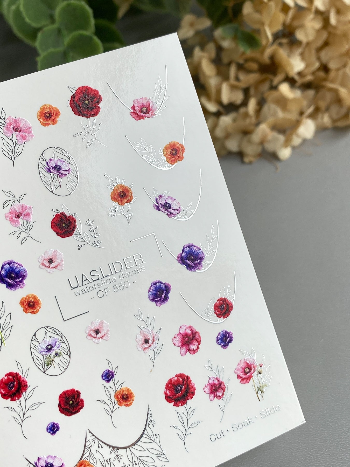 Floral Nail Decals — Poppies, Anemones & Silver Foil Botanicals | CF - 850 - UASLIDER