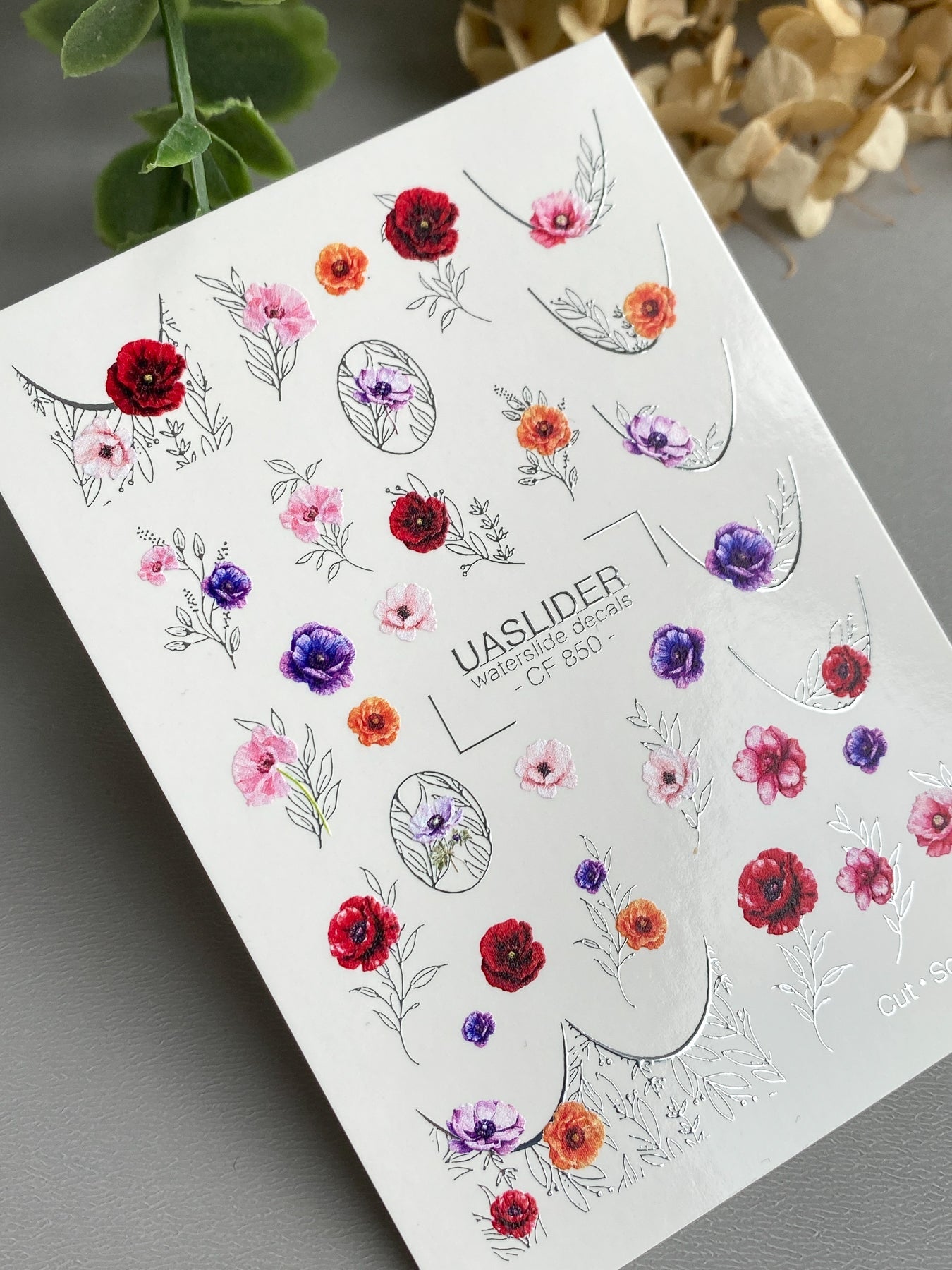 Floral Nail Decals — Poppies, Anemones & Silver Foil Botanicals | CF - 850 - UASLIDER