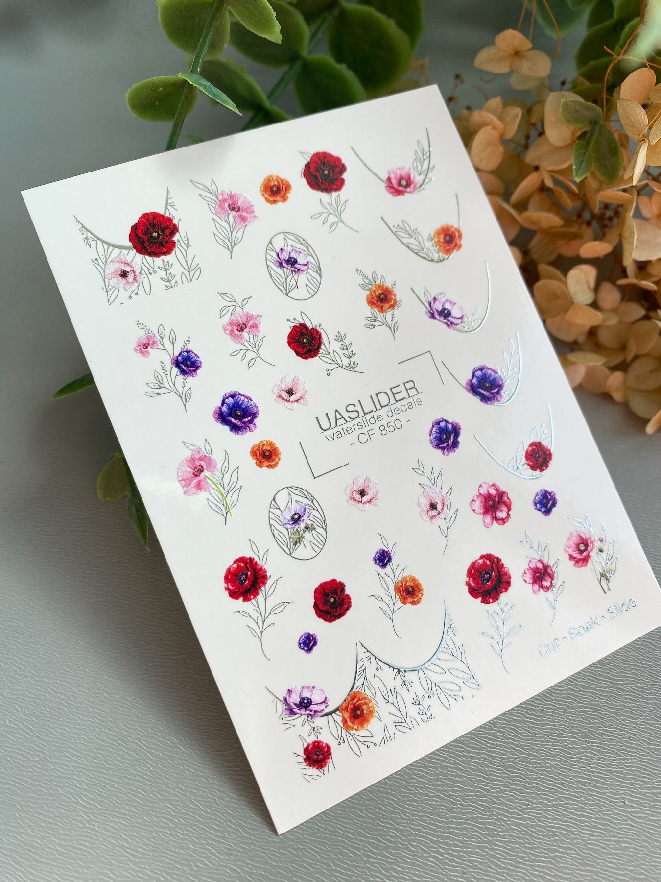 Floral Nail Decals — Poppies, Anemones & Silver Foil Botanicals | CF - 850 - UASLIDER