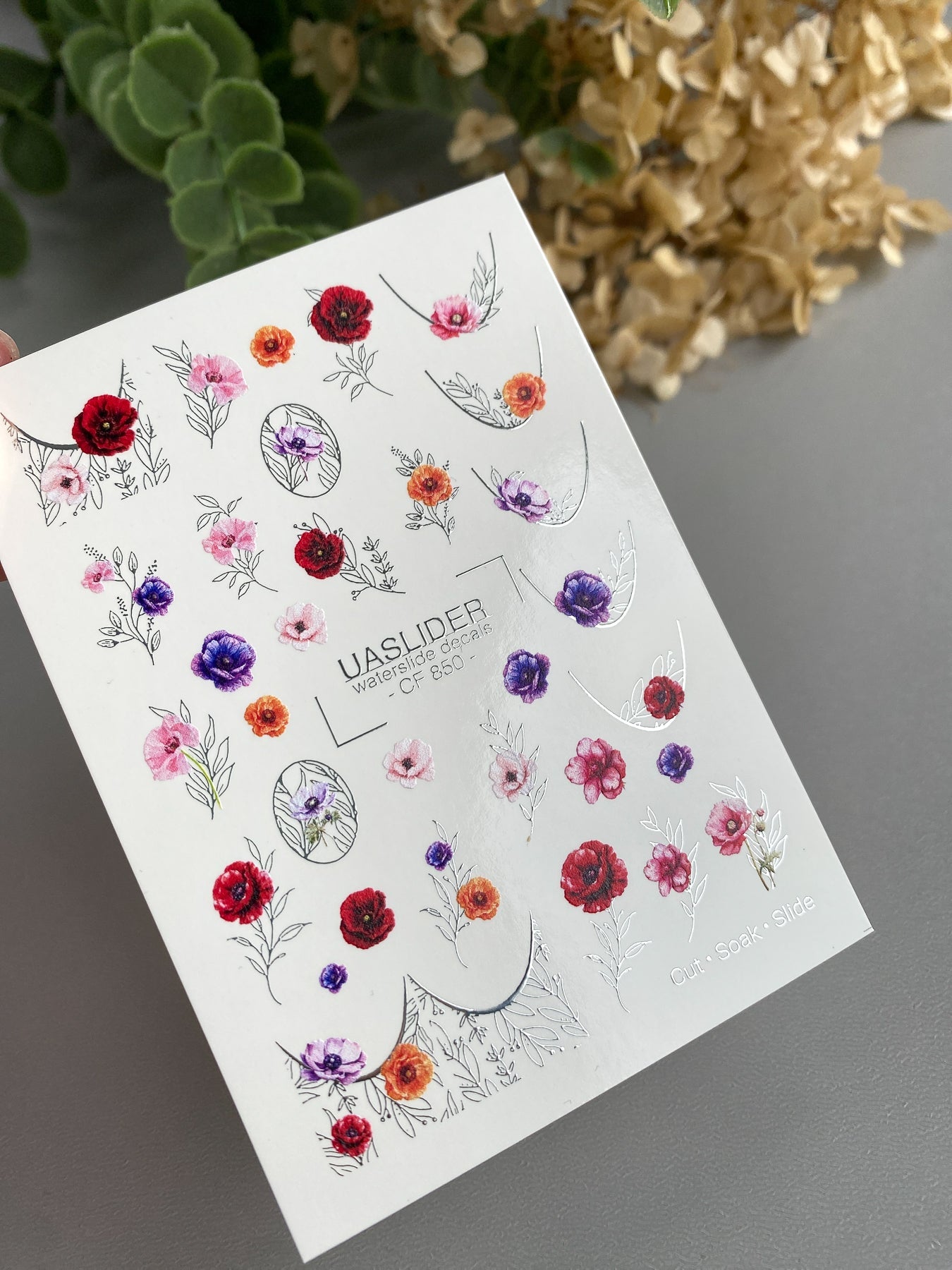 Floral Nail Decals — Poppies, Anemones & Silver Foil Botanicals | CF - 850 - UASLIDER