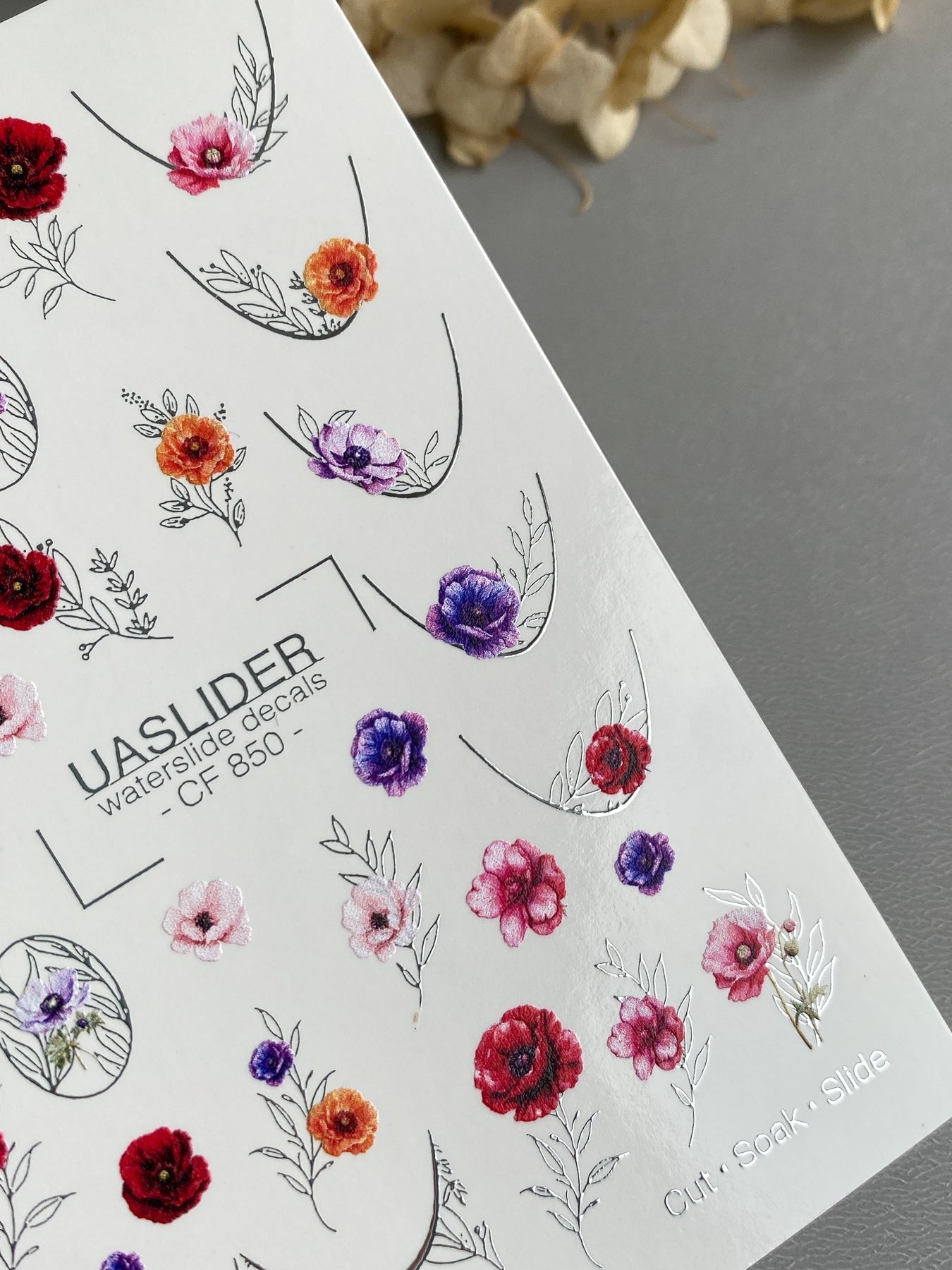 Floral Nail Decals — Poppies, Anemones & Silver Foil Botanicals | CF - 850 - UASLIDER