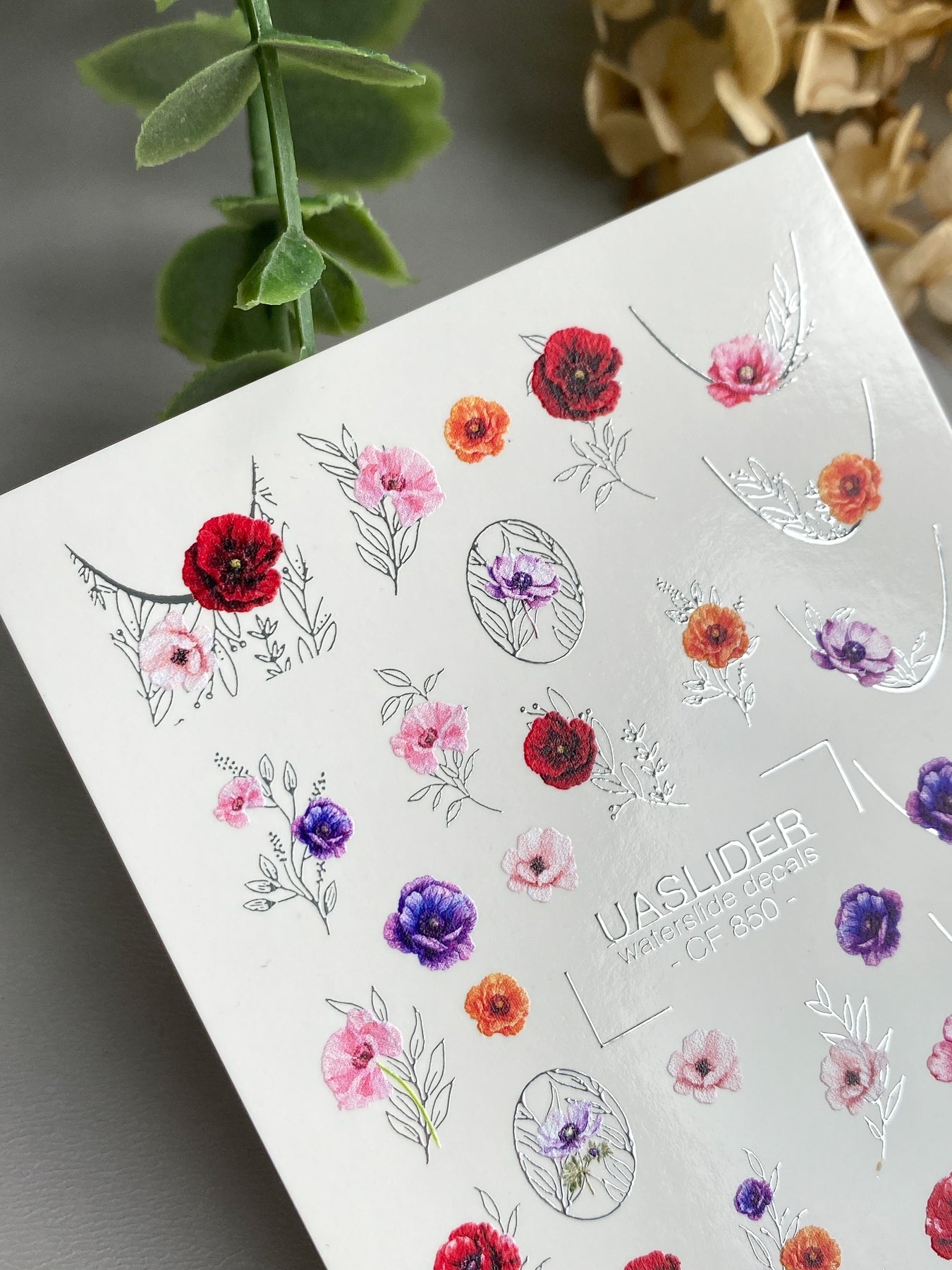 Floral Nail Decals — Poppies, Anemones & Silver Foil Botanicals | CF - 850 - UASLIDER