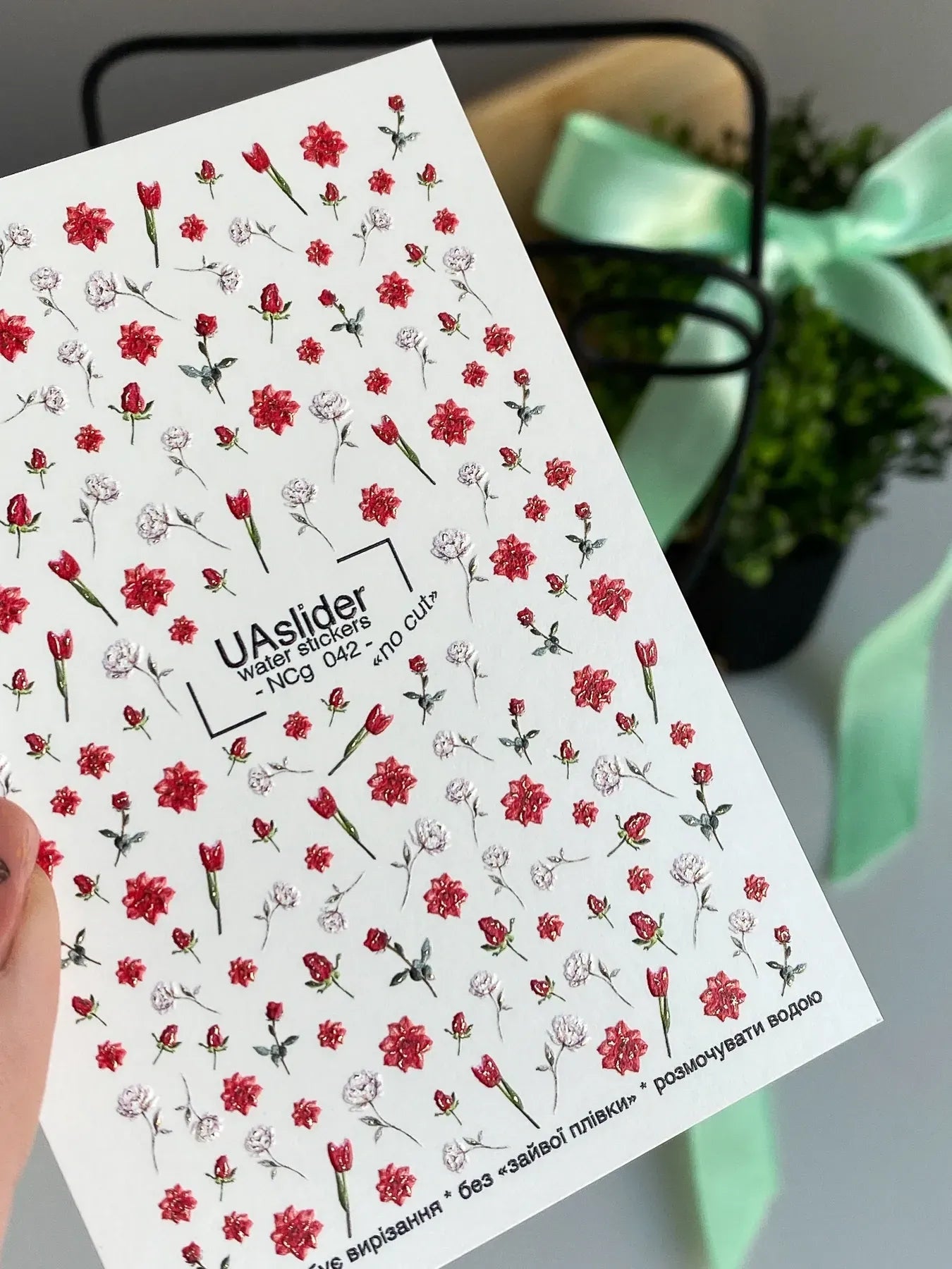 Floral Nail Decals — Red Roses Tulips Gold Foil No Cut | NCg - 042 - UASLIDER