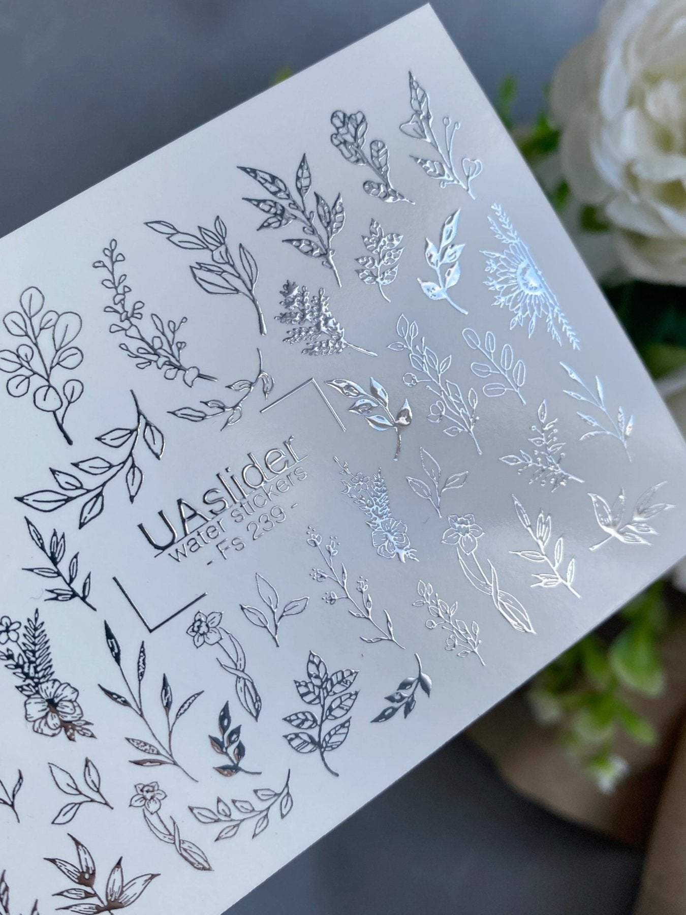 Floral Nail Decals — Silver Foil Botanical Leaves & Flowers | Fs-239 - UASLIDER