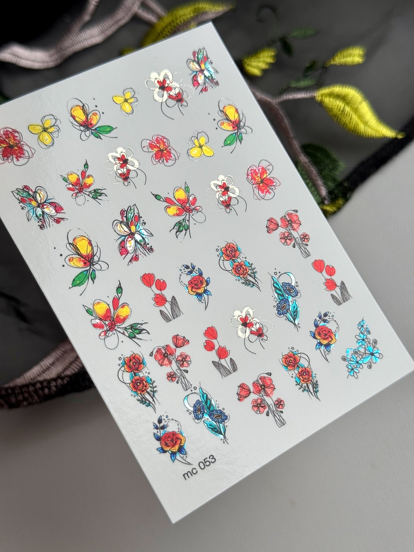 Floral Nail Decals — Sketch Flowers, Tulips & Butterflies | MC-053 - UASLIDER