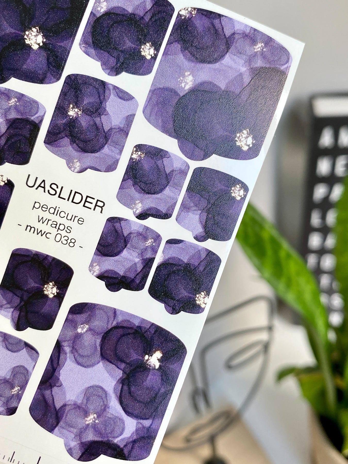 Floral Pedicure Nail Wraps — Deep Purple Blooms & Gems | MWC-038 - UASLIDER