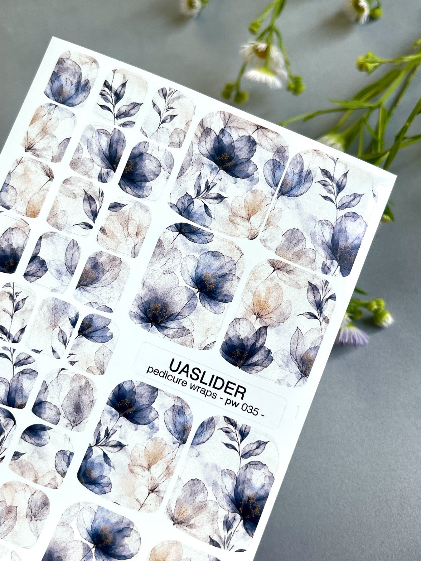 Floral Pedicure Nail Wraps — Dusty Blue & Beige Flowers | PW-035 - UASLIDER