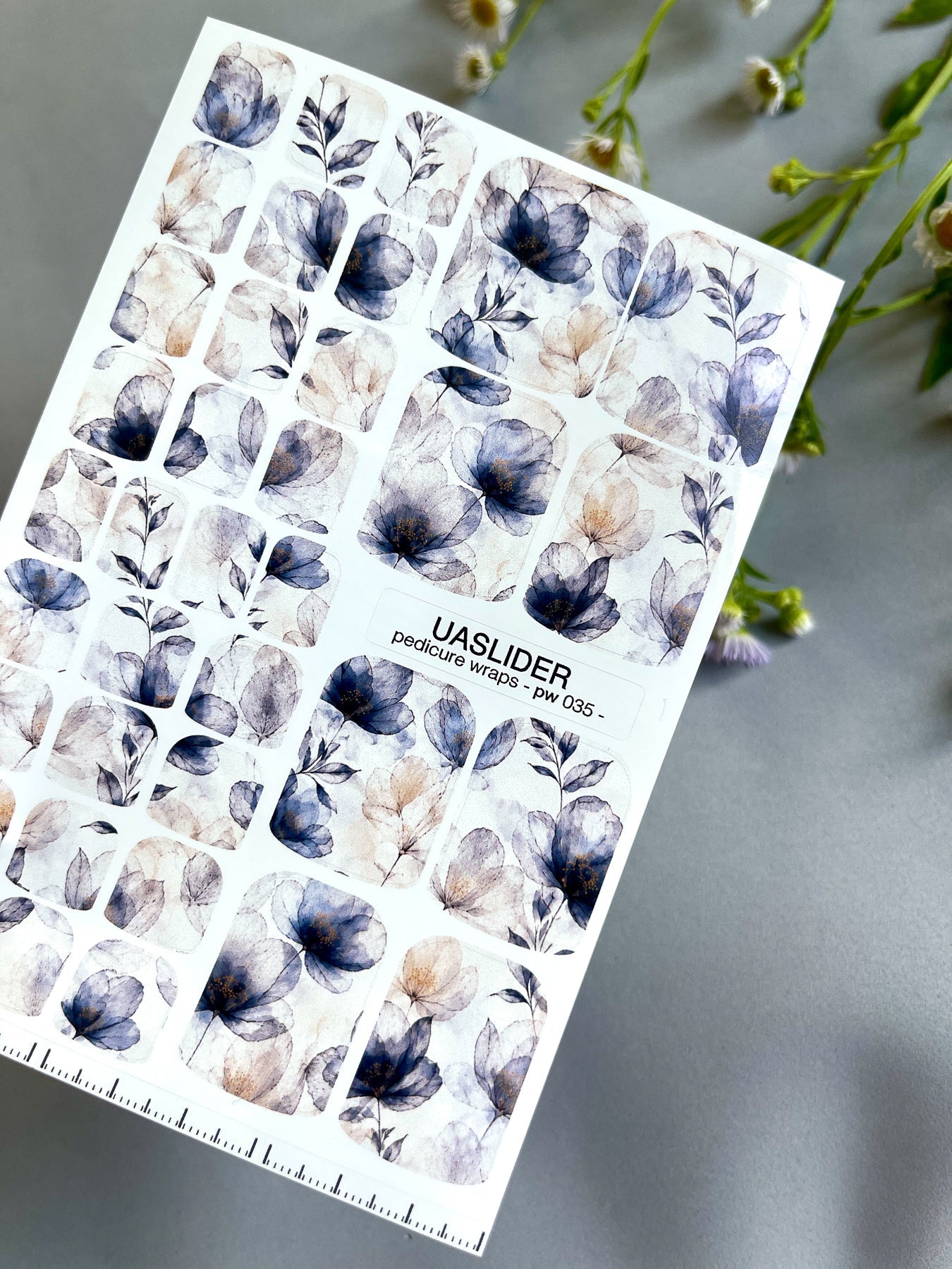 Floral Pedicure Nail Wraps — Dusty Blue & Beige Flowers | PW-035 - UASLIDER