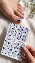 Floral Pedicure Nail Wraps — Navy Blue Botanical Flowers on White | PW-034 - UASLIDER