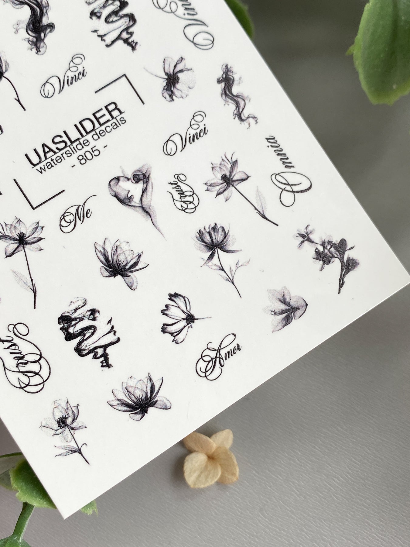 Floral Script Nail Decals — Black Ink Flowers & Words | 805 - UASLIDER