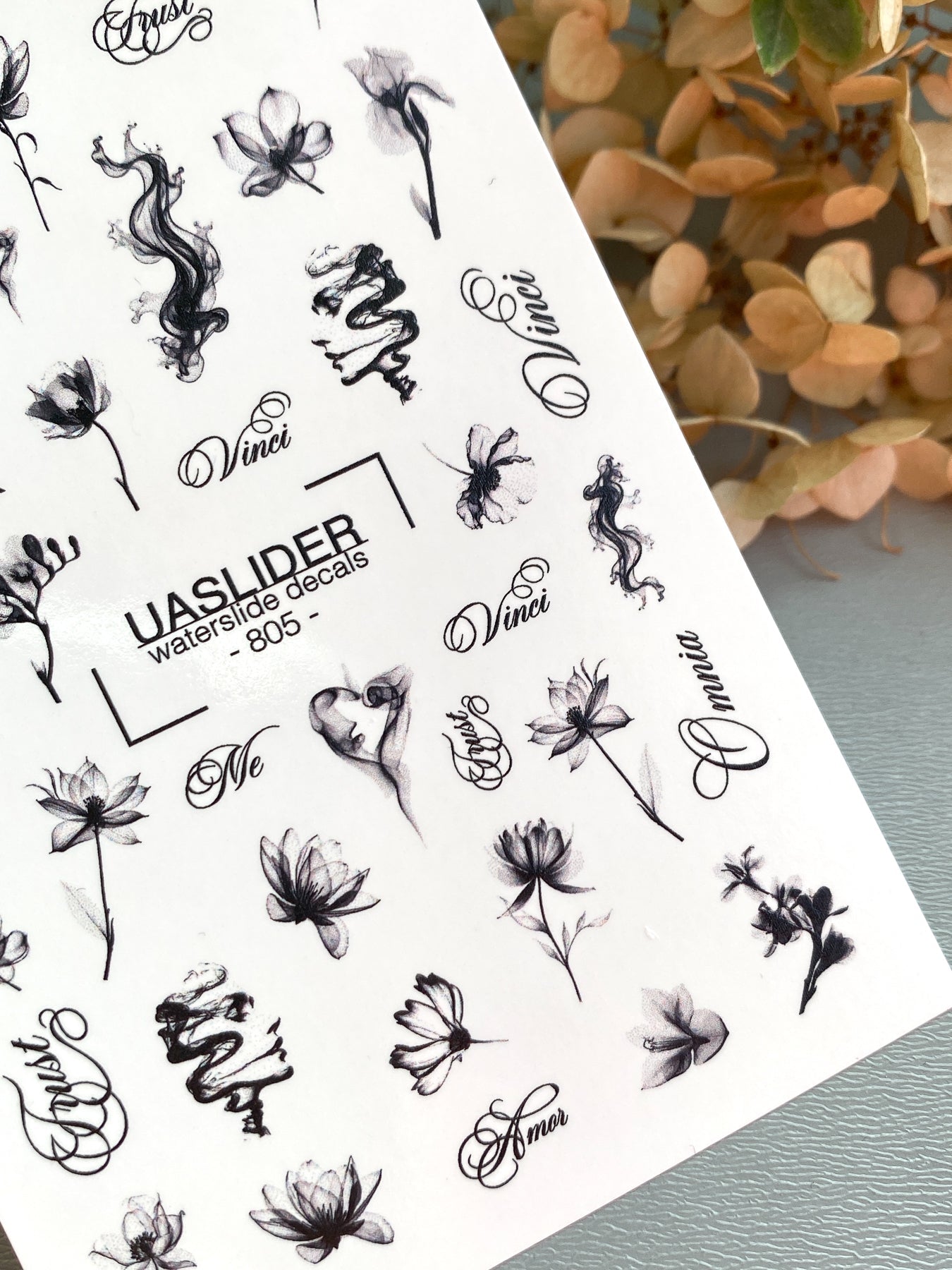 Floral Script Nail Decals — Black Ink Flowers & Words | 805 - UASLIDER