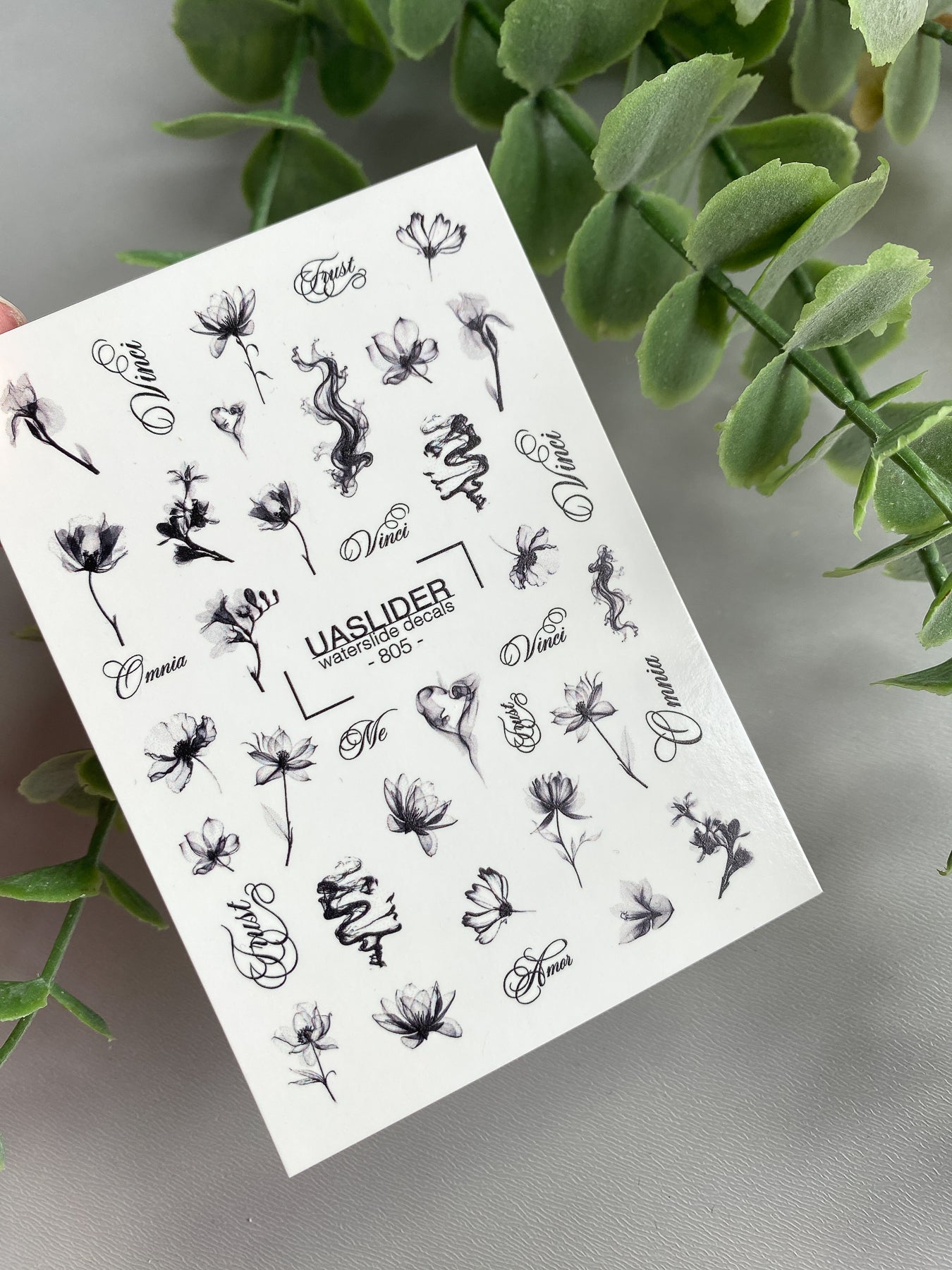 Floral Script Nail Decals — Black Ink Flowers & Words | 805 - UASLIDER
