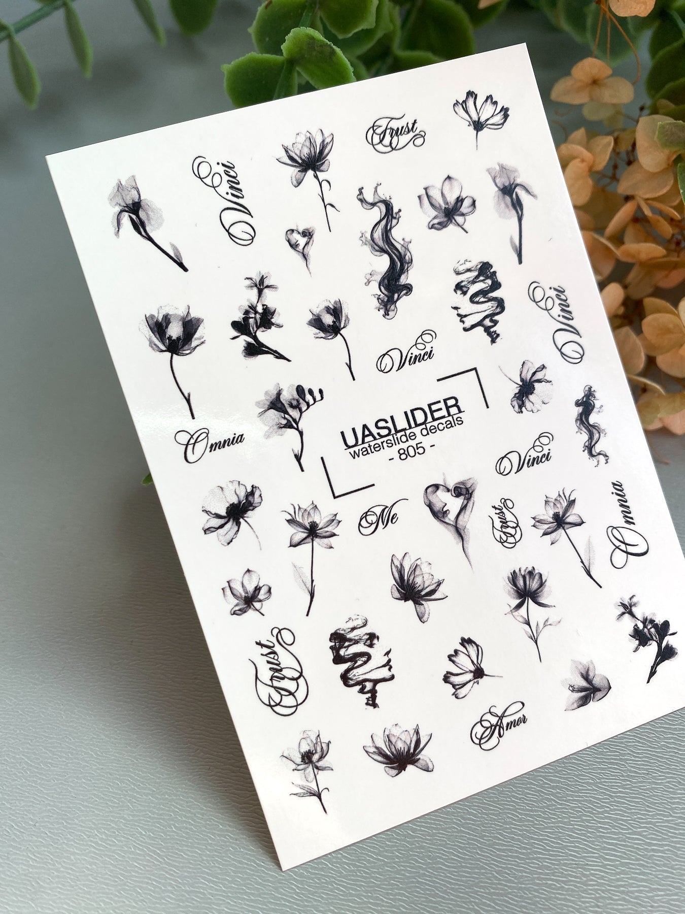 Floral Script Nail Decals — Black Ink Flowers & Words | 805 - UASLIDER