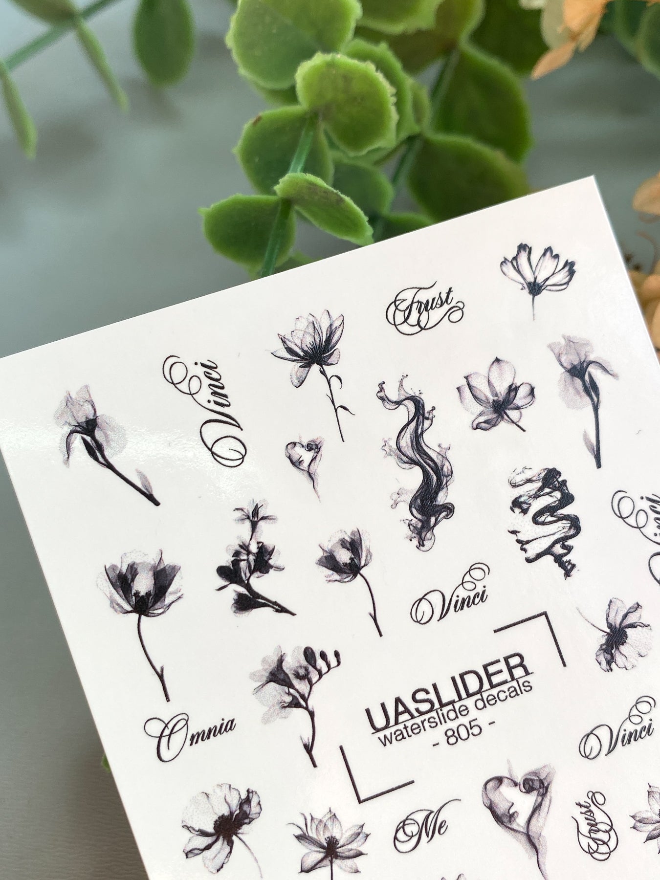 Floral Script Nail Decals — Black Ink Flowers & Words | 805 - UASLIDER
