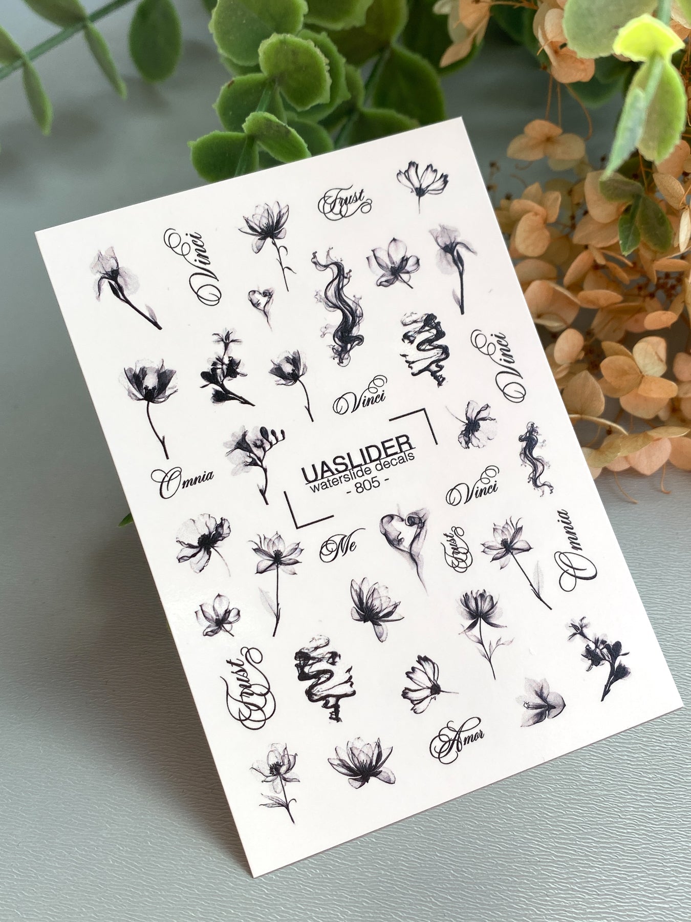 Floral Script Nail Decals — Black Ink Flowers & Words | 805 - UASLIDER