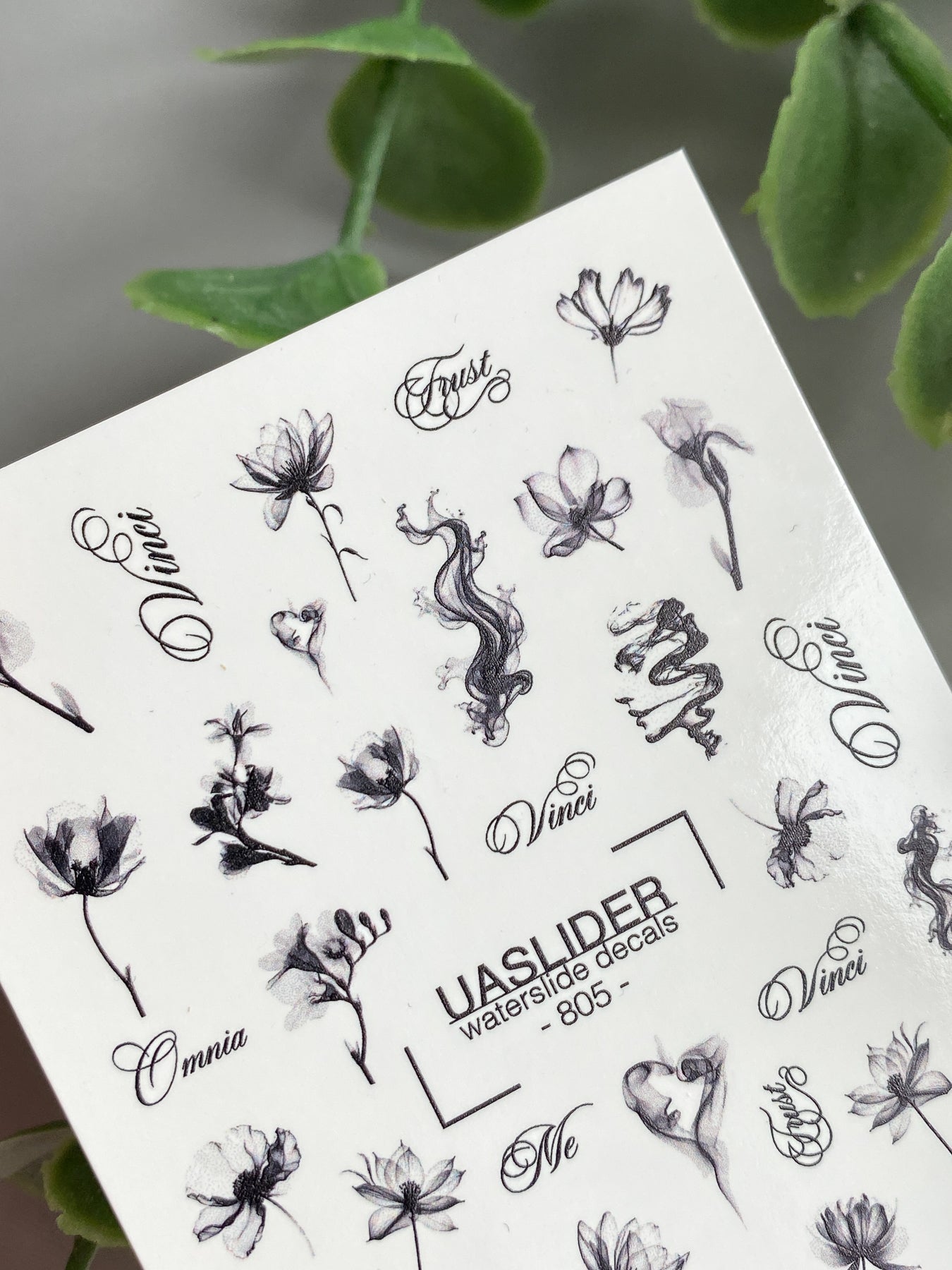 Floral Script Nail Decals — Black Ink Flowers & Words | 805 - UASLIDER